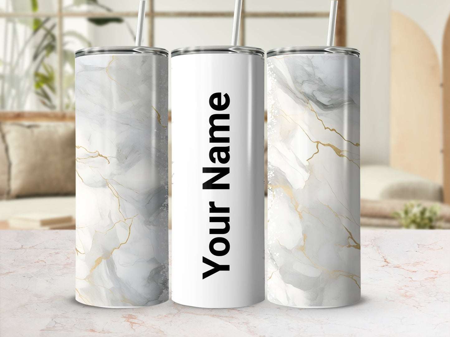 Personalized Marble Design Insulated Tumbler with Straw