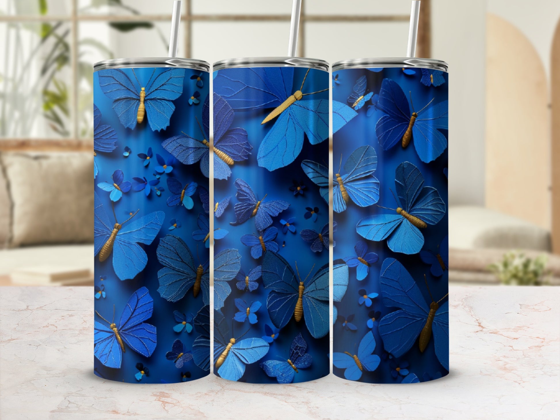 Blue butterflies in various sizes on a textured background, wrapping around a tumbler.