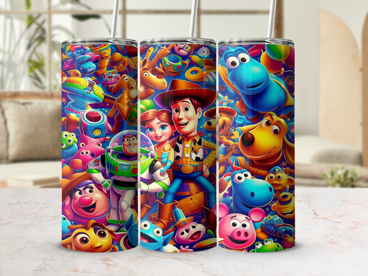 Toy Story characters, including Woody, Buzz Lightyear, and aliens, on a colorful tumbler.