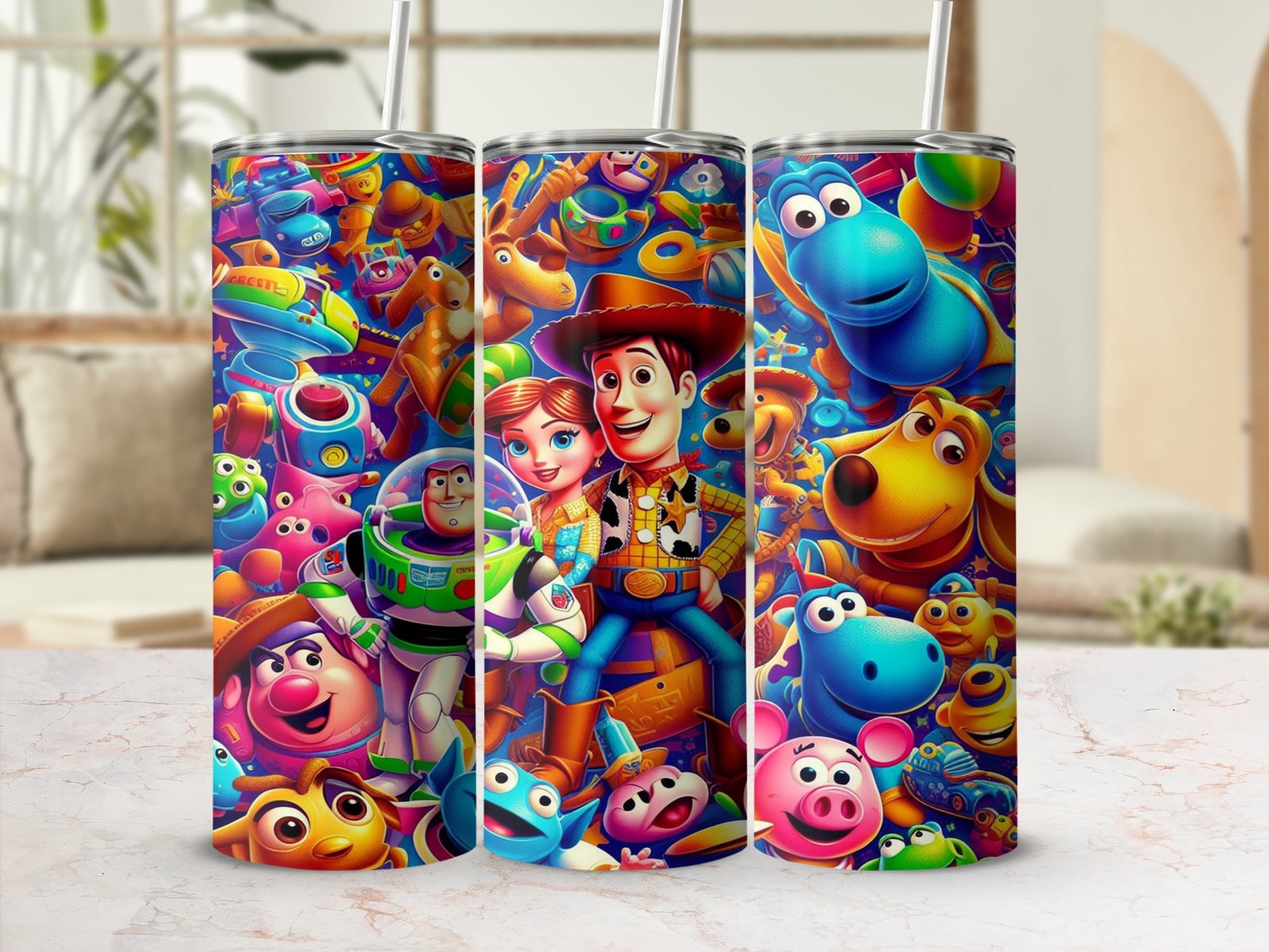 Toy Story characters, including Woody, Buzz Lightyear, and aliens, on a colorful tumbler.