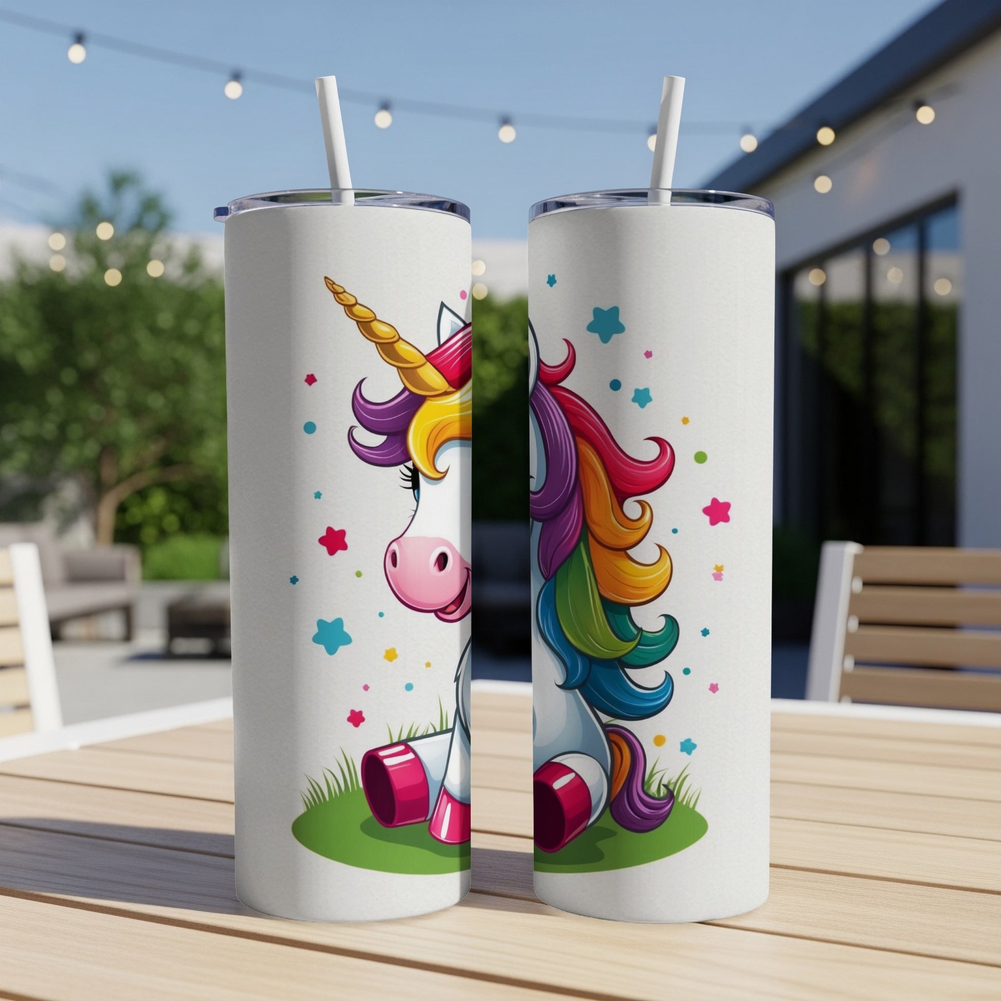 Two white tumblers with a cartoon unicorn illustration on each, resting on a wooden table.