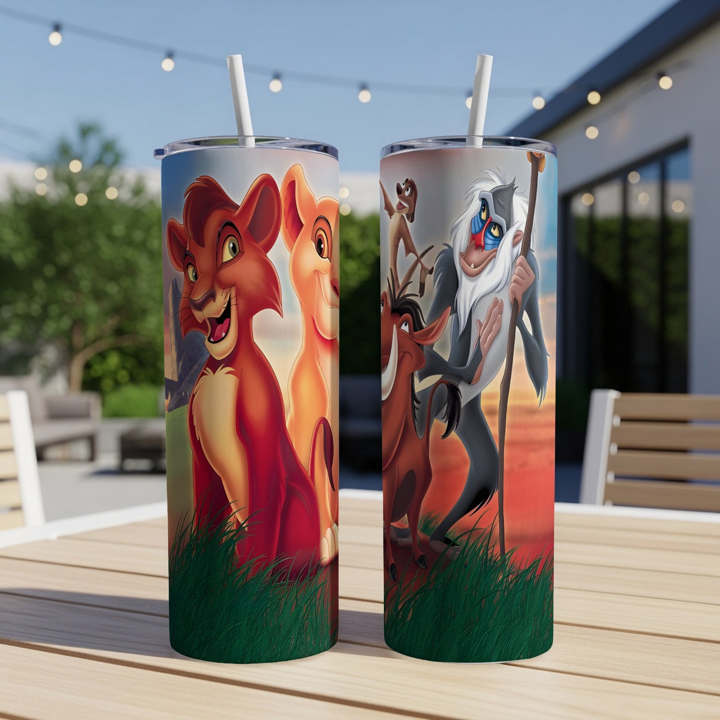 The Lion King characters Simba, Nala, Timon, Pumbaa, and Rafiki on a tumbler.