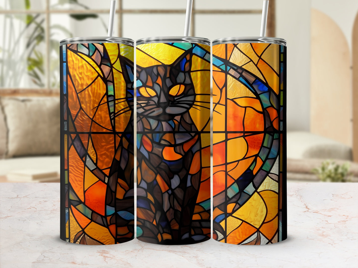 Black cat with orange eyes on a stained glass background.