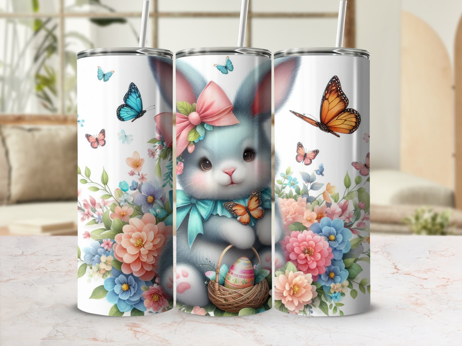 Cute Easter bunny with flowers, butterflies, and a basket with an egg.