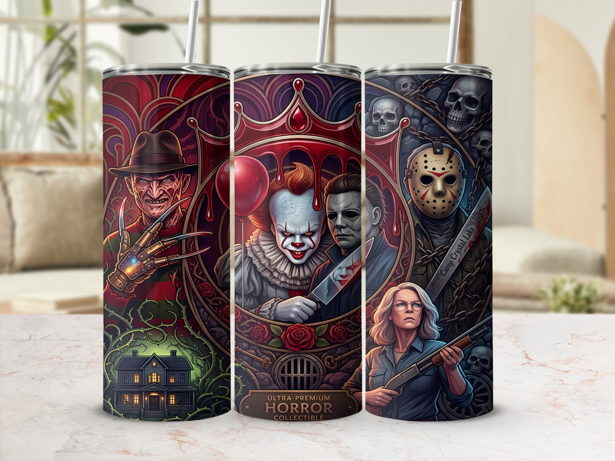 Tumbler with horror icons: Freddy Krueger, Pennywise, Michael Myers, Jason Voorhees, and Laurie Strode.