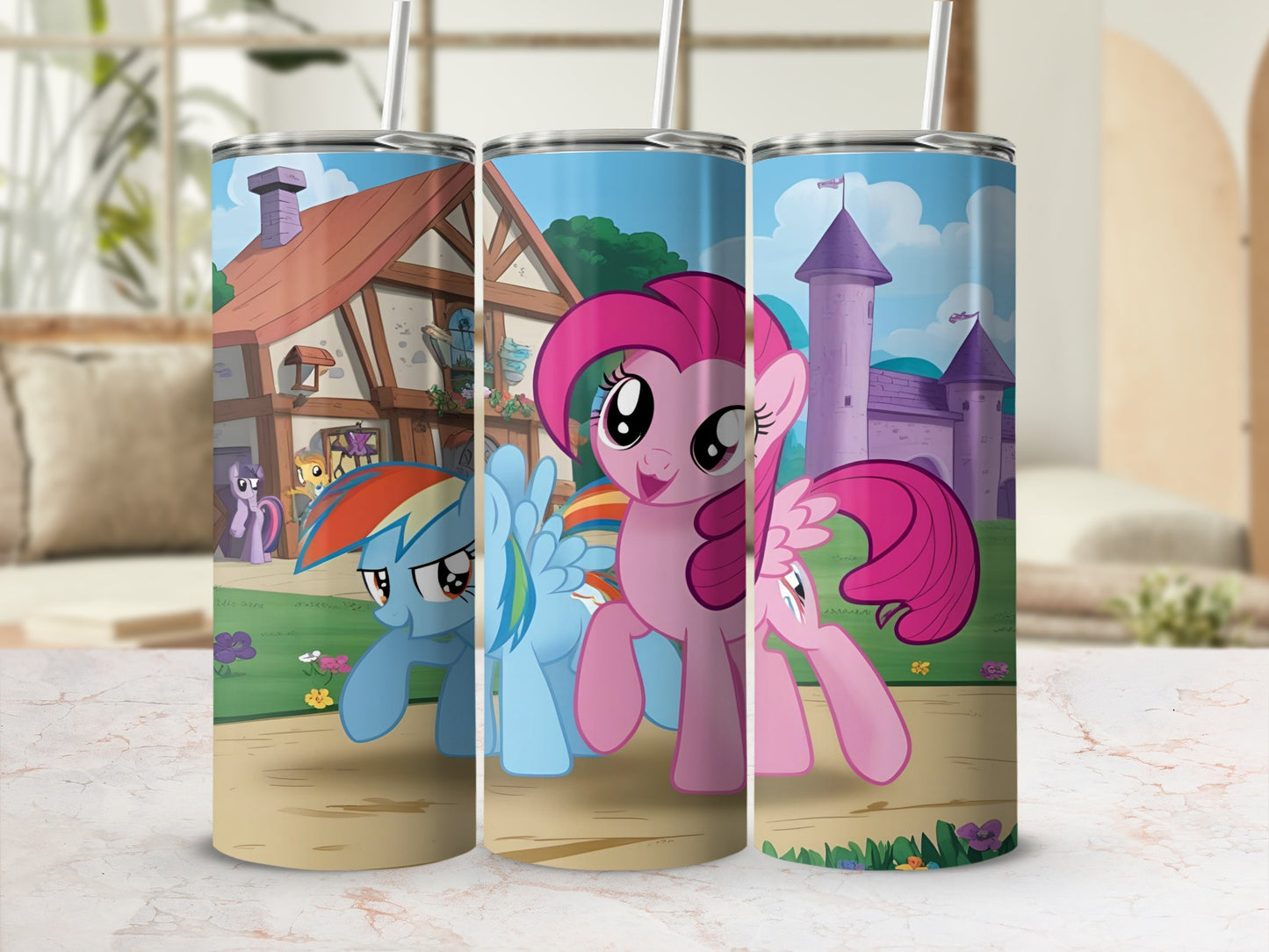 My Little Pony tumblers with Rainbow Dash and Pinkie Pie.