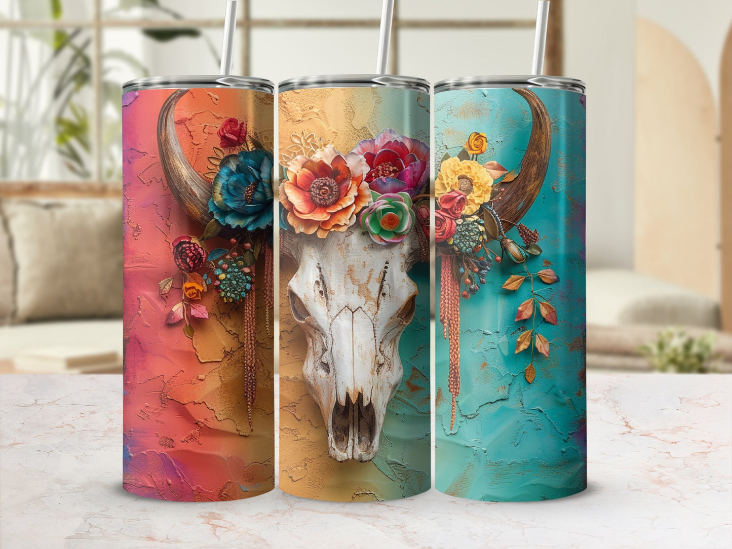 Three tumblers with a floral skull design and colorful, textured backgrounds.