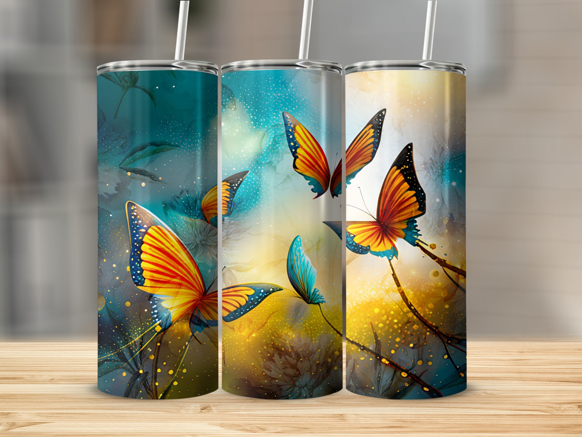 Three tumblers with colorful butterflies on a blurred floral and bokeh background.