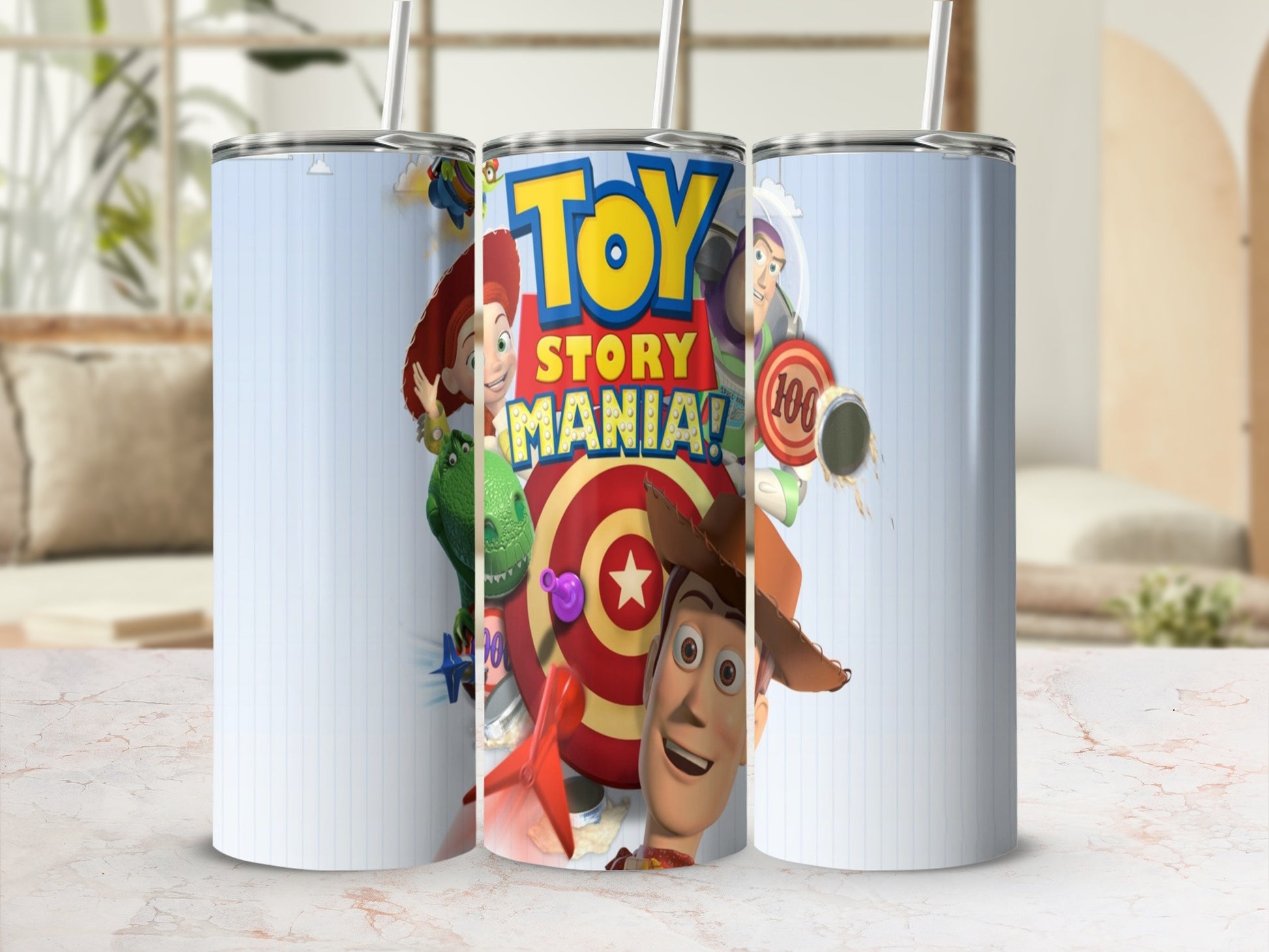 Toy Story Mania tumbler with Woody, Jessie, and Buzz Lightyear graphics.