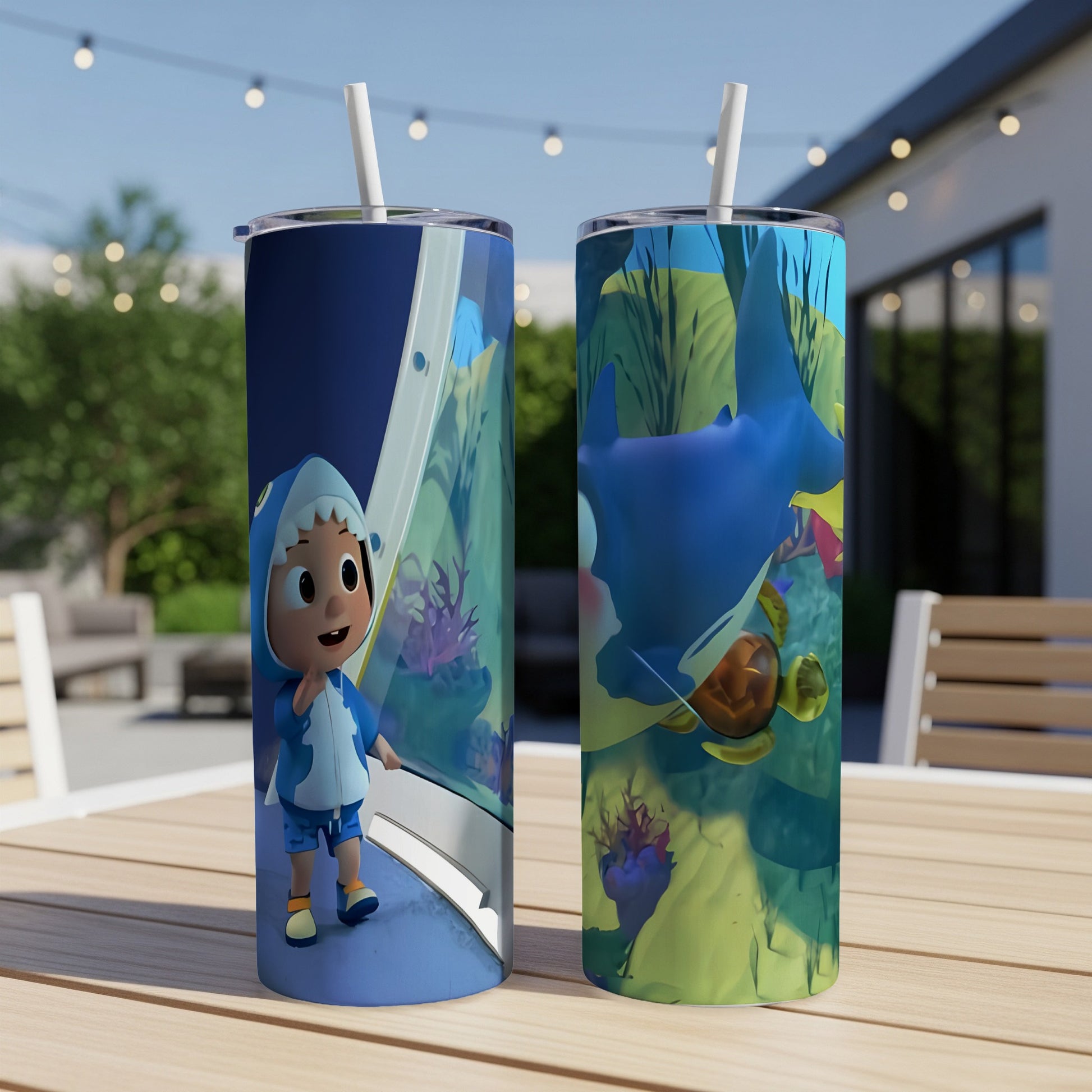Two tumblers with cartoon shark and child characters in an aquarium.