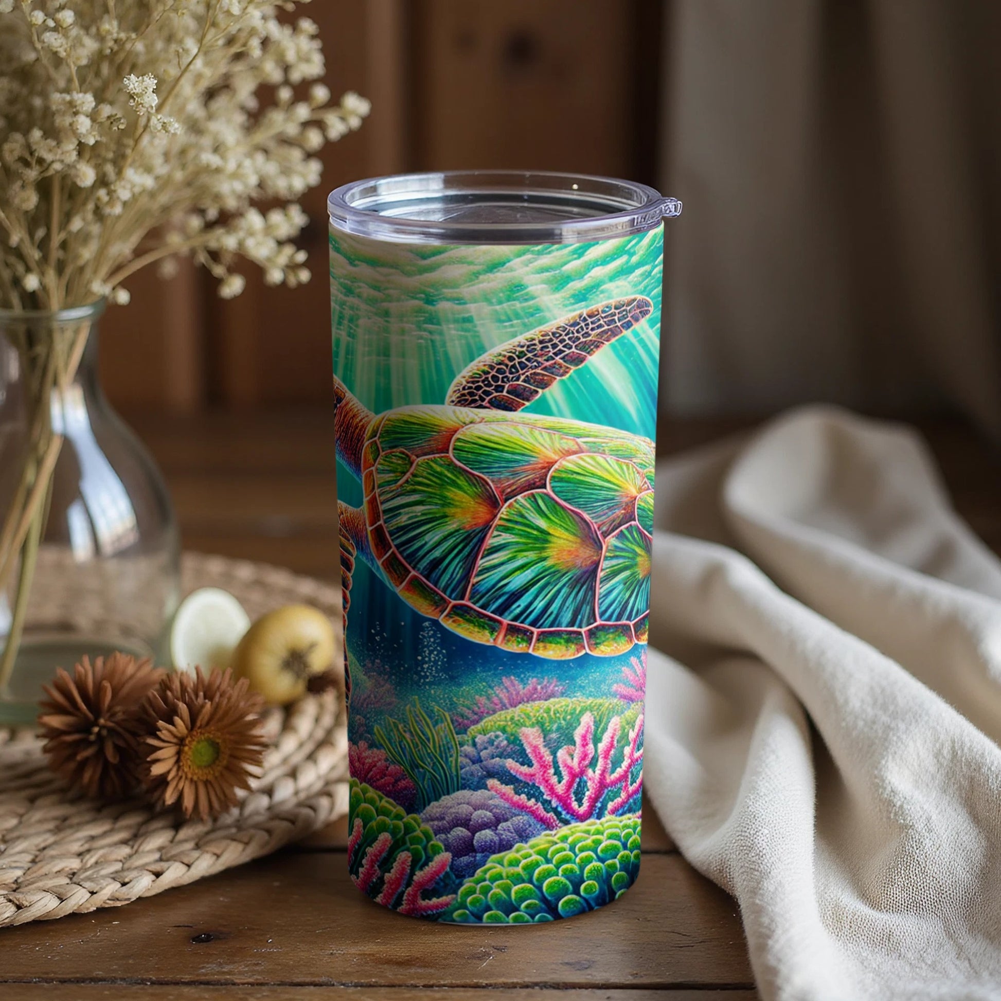 Vibrant Tropical Sea Turtle Artwork on Tumbler