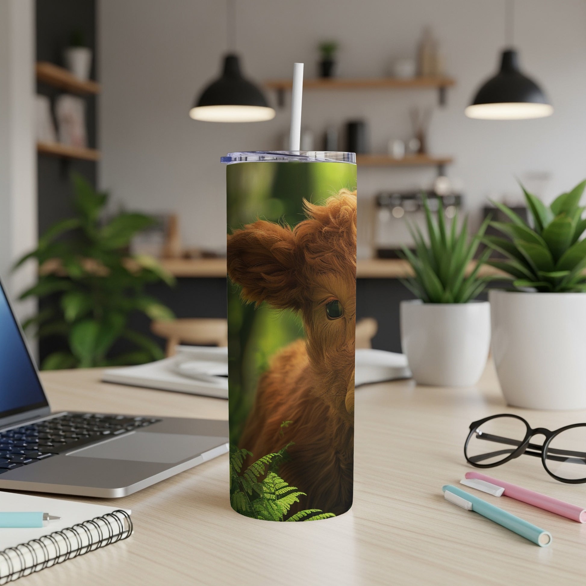 Highland cow face on a green, leafy background, on a white tumbler.