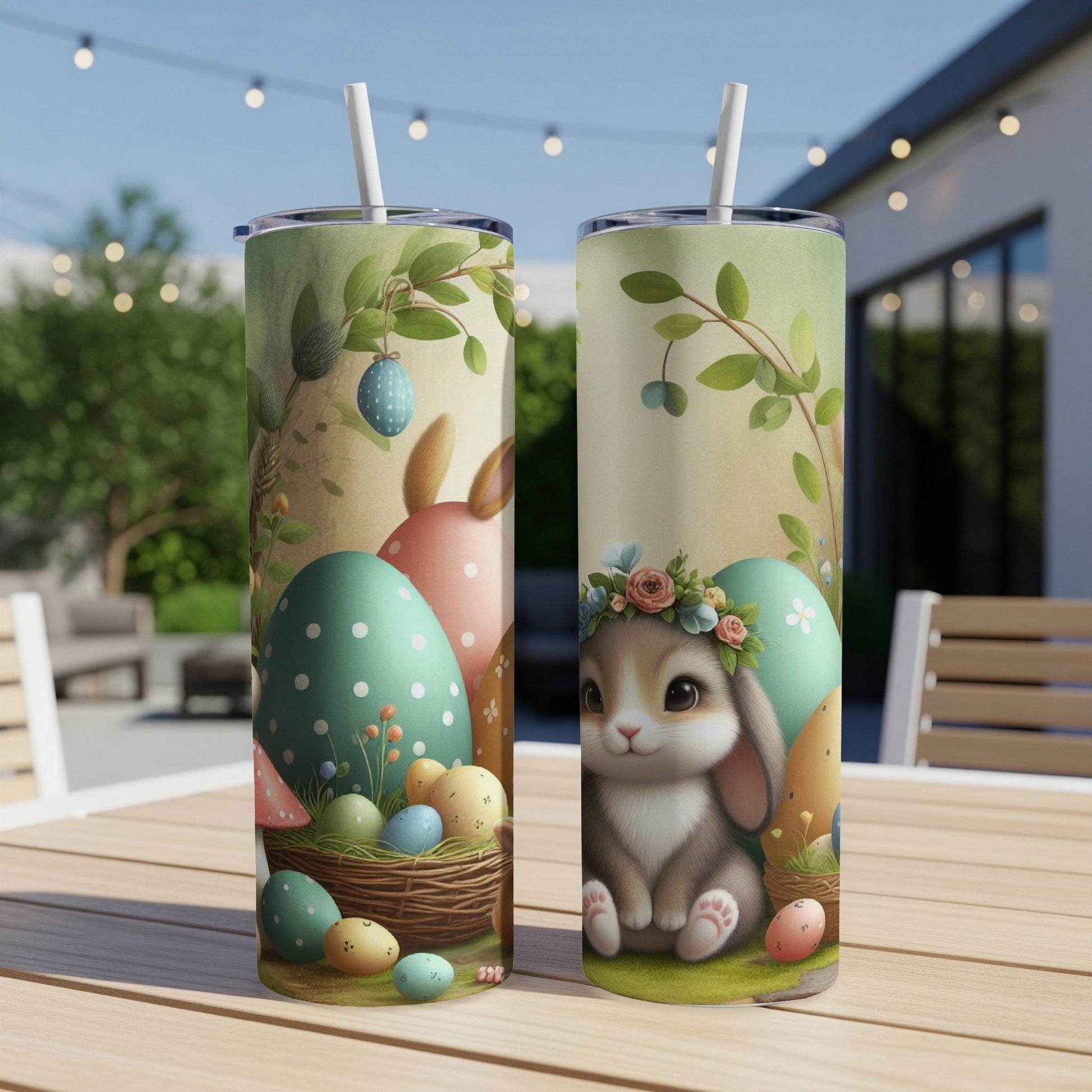 Easter bunny with colorful eggs and floral wreath on tumbler.