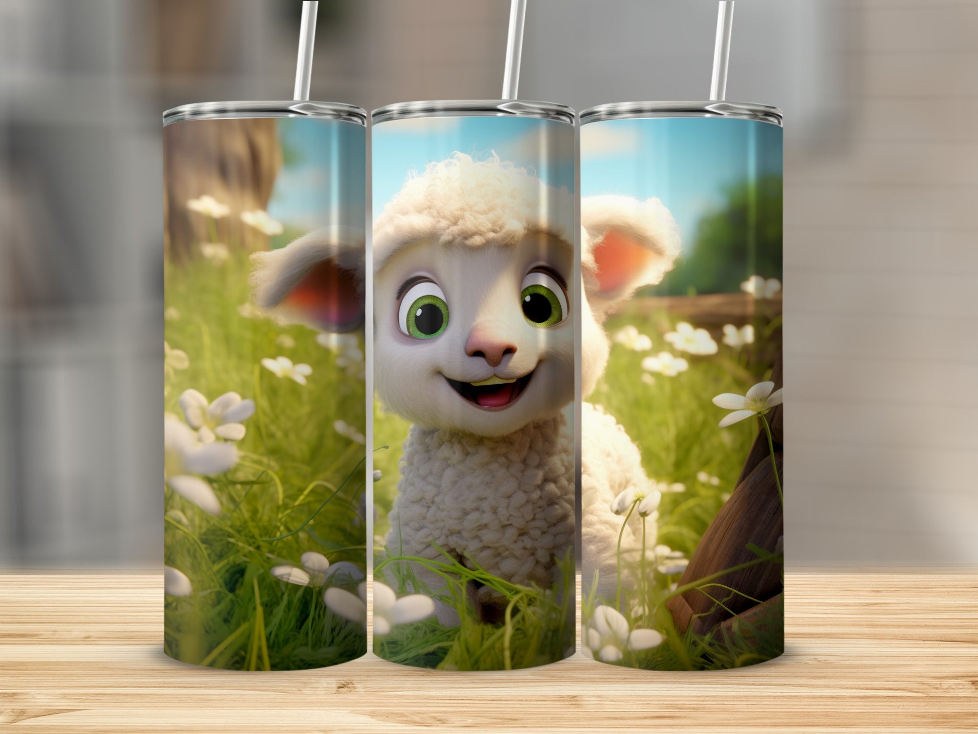 Adorable Lamb and Flowers Design Tumbler Cup