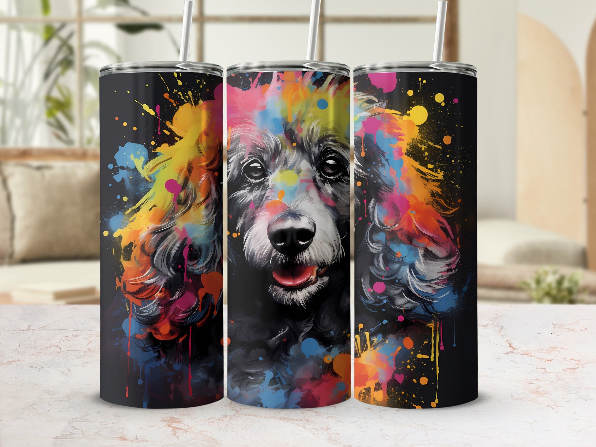 Black poodle portrait with vibrant rainbow watercolor splashes on a tumbler.