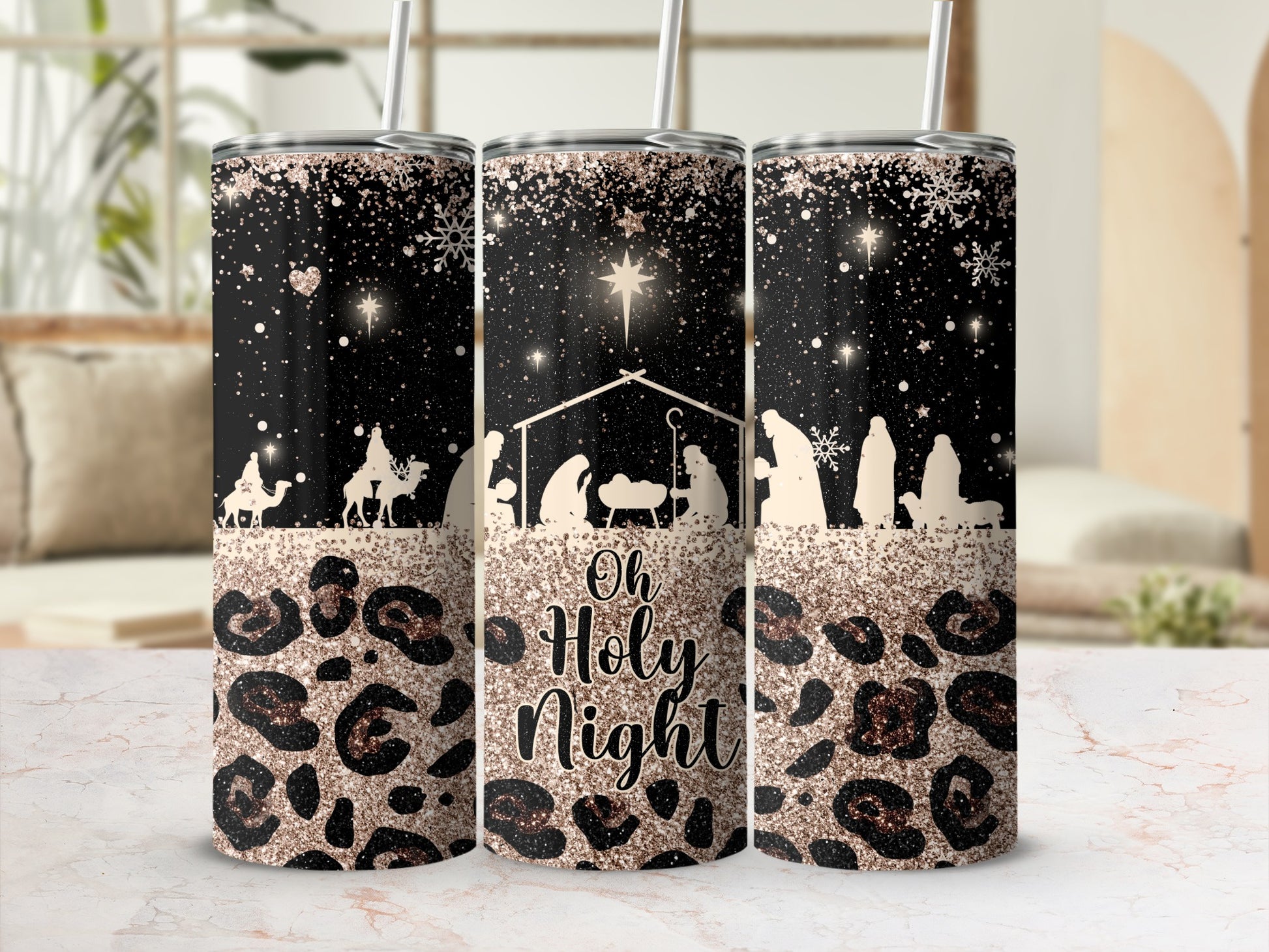 Glittering nativity scene with leopard print details and "Oh Holy Night" text.