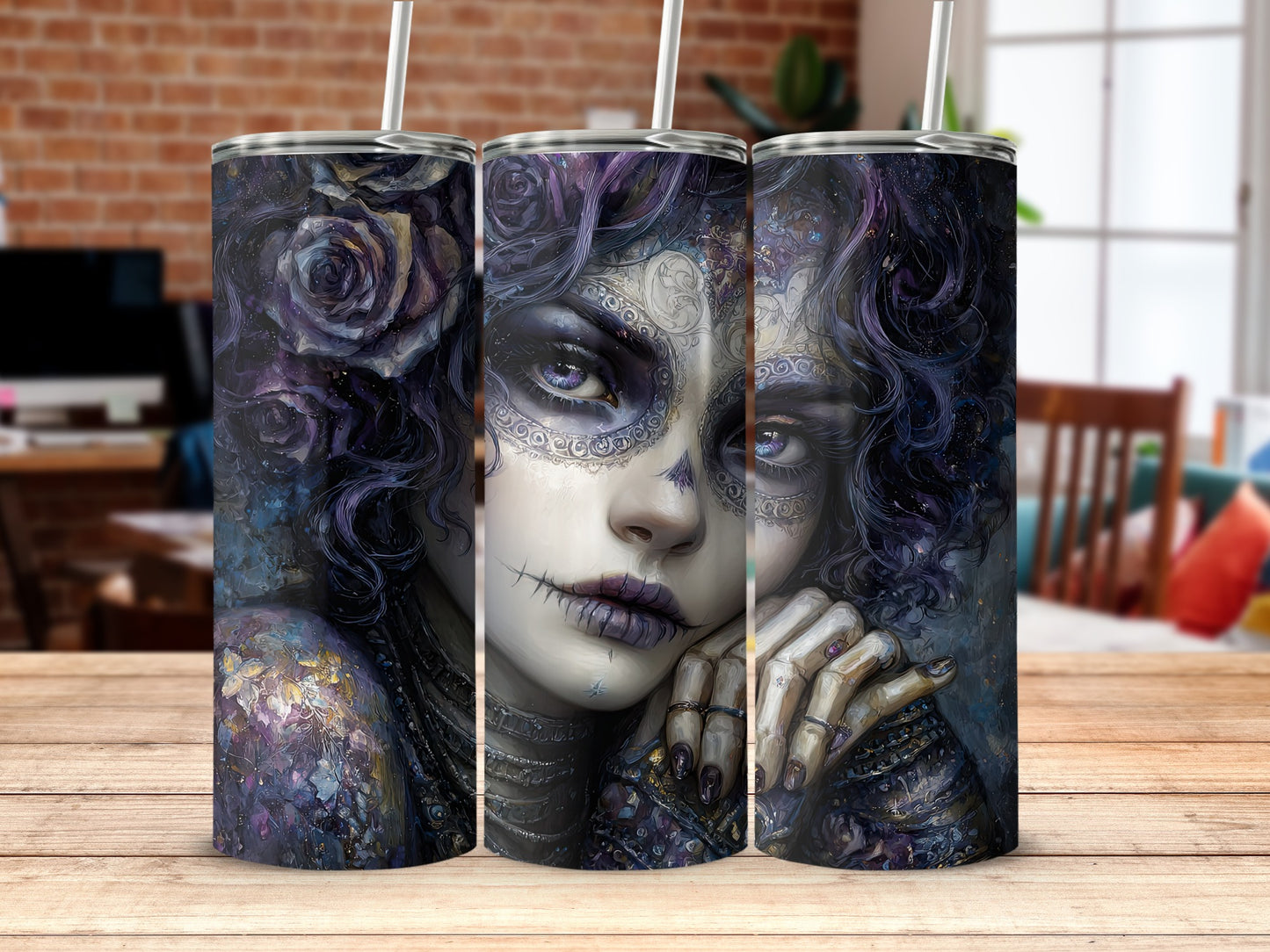 Gothic Skull Art Tumblers with Dark Rose Design
