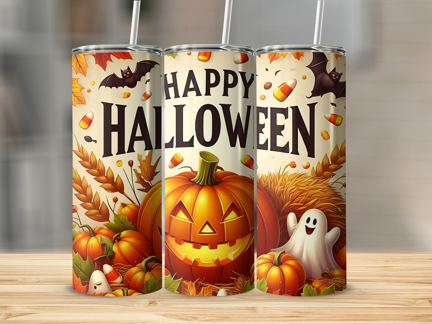 Halloween tumbler with pumpkins, bats, ghosts, candy corn, and leaves.