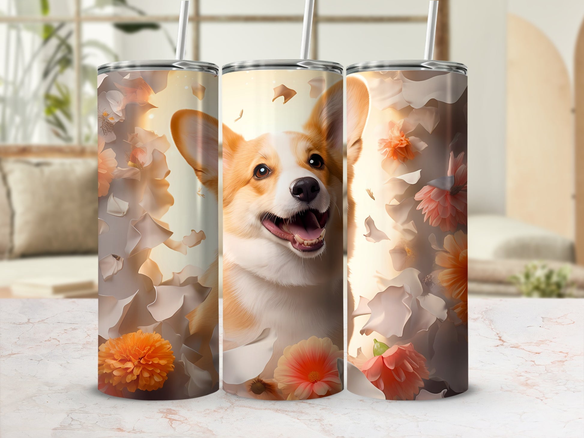 Happy Corgi Dog Floral Bloom Petals Design Tumbler product type