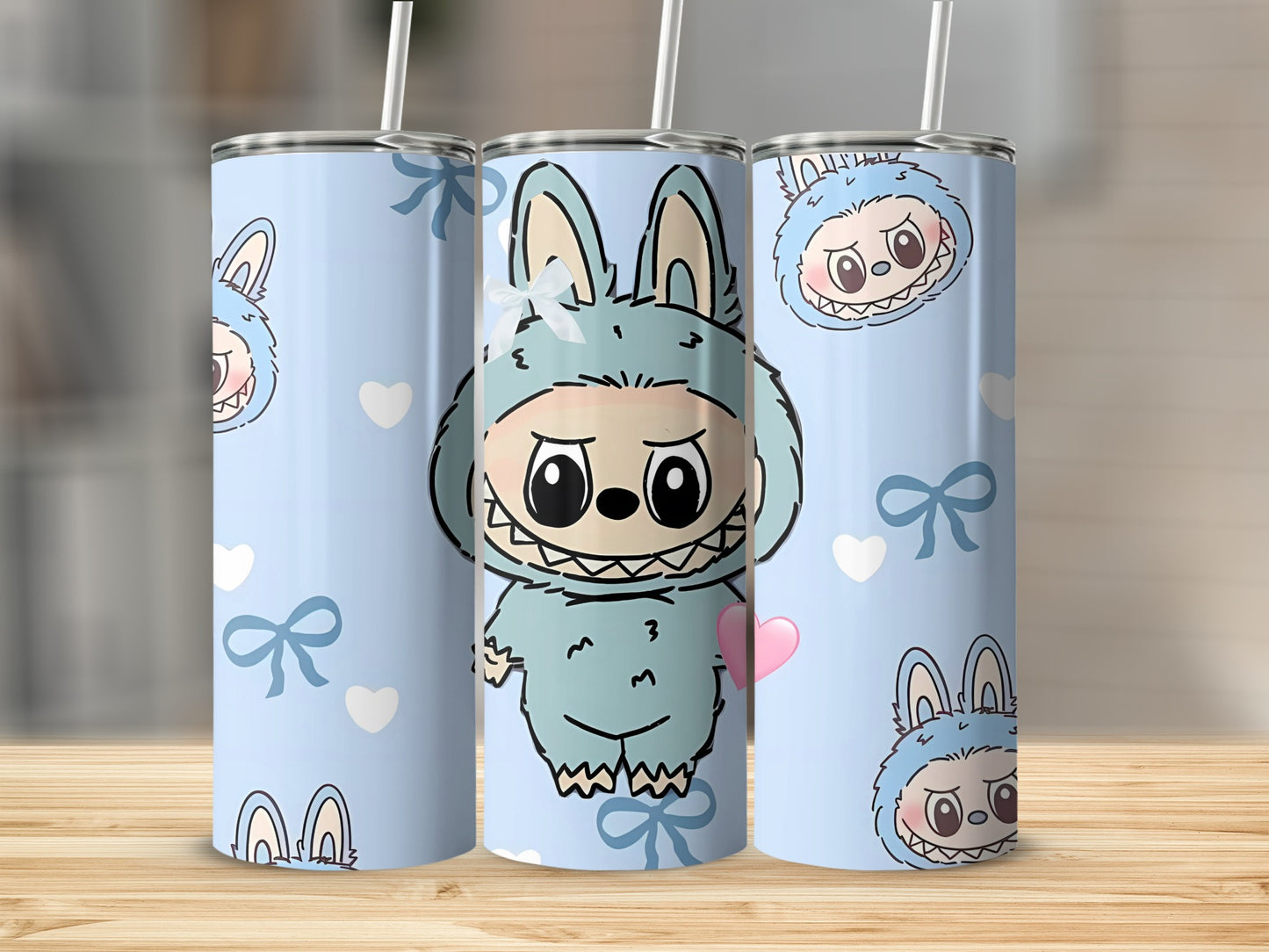 Cute Blue Character Design Tumbler with Hearts and Bows