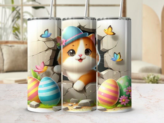 Cute cartoon cat wearing a blue hat peeks through cracked wall with Easter eggs.