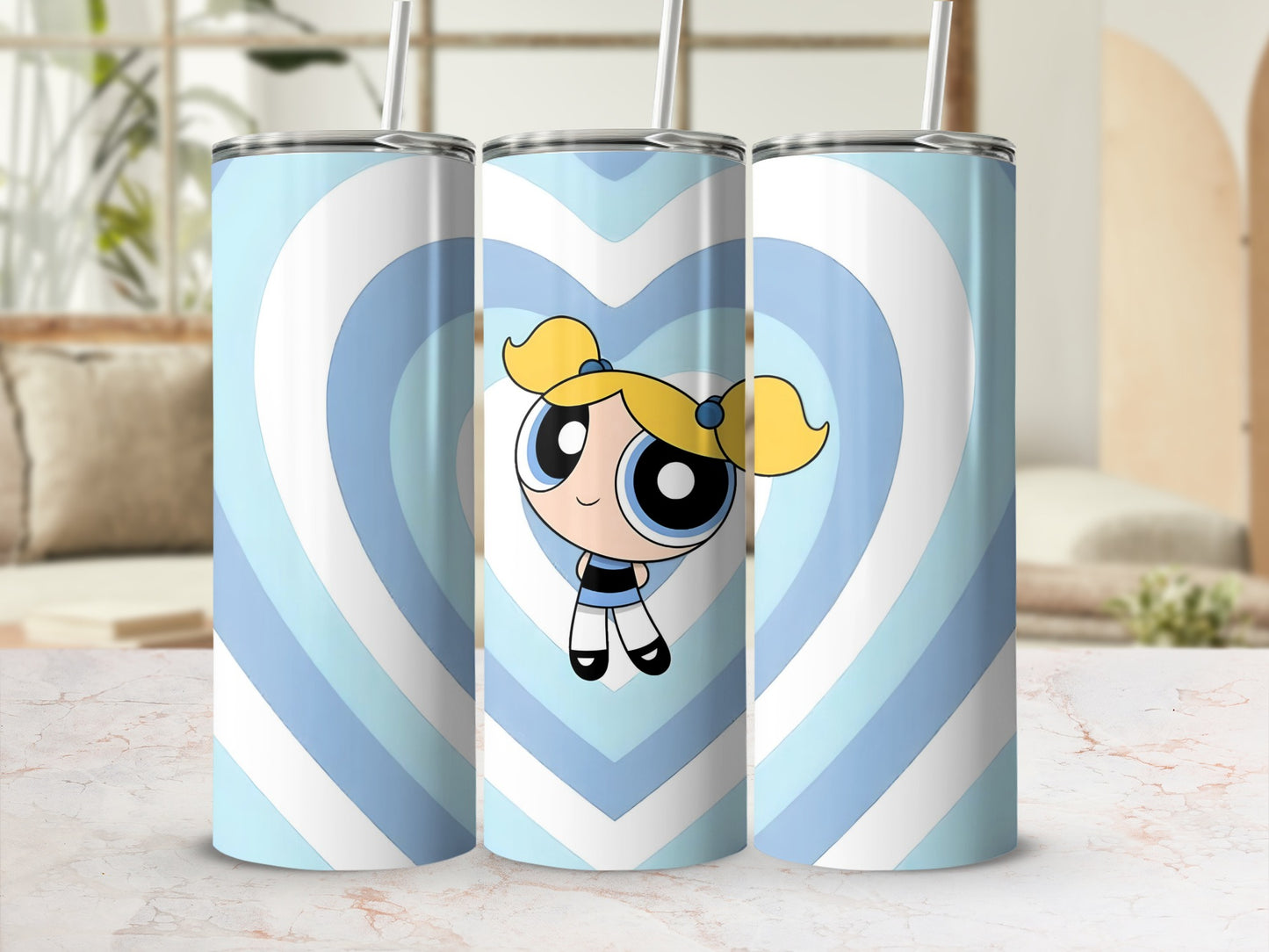 Cute Cartoon Character with Heart Blue Tumbler