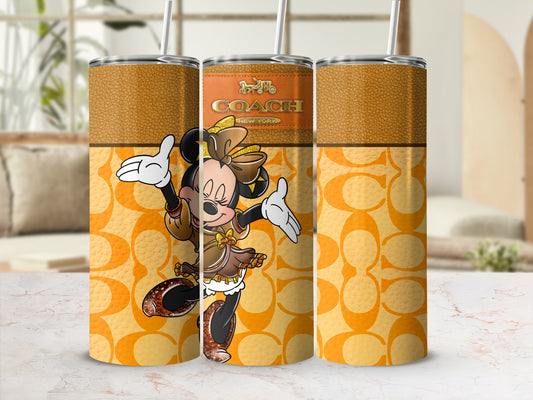 Three tumblers with Minnie Mouse, COACH logo, and CC pattern.