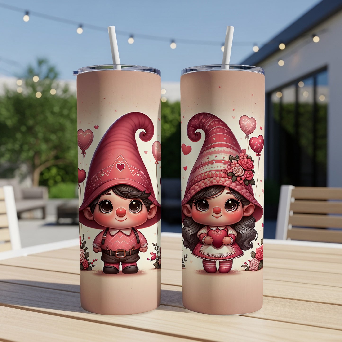 Two Valentine's Day gnomes in festive outfits, holding hearts.