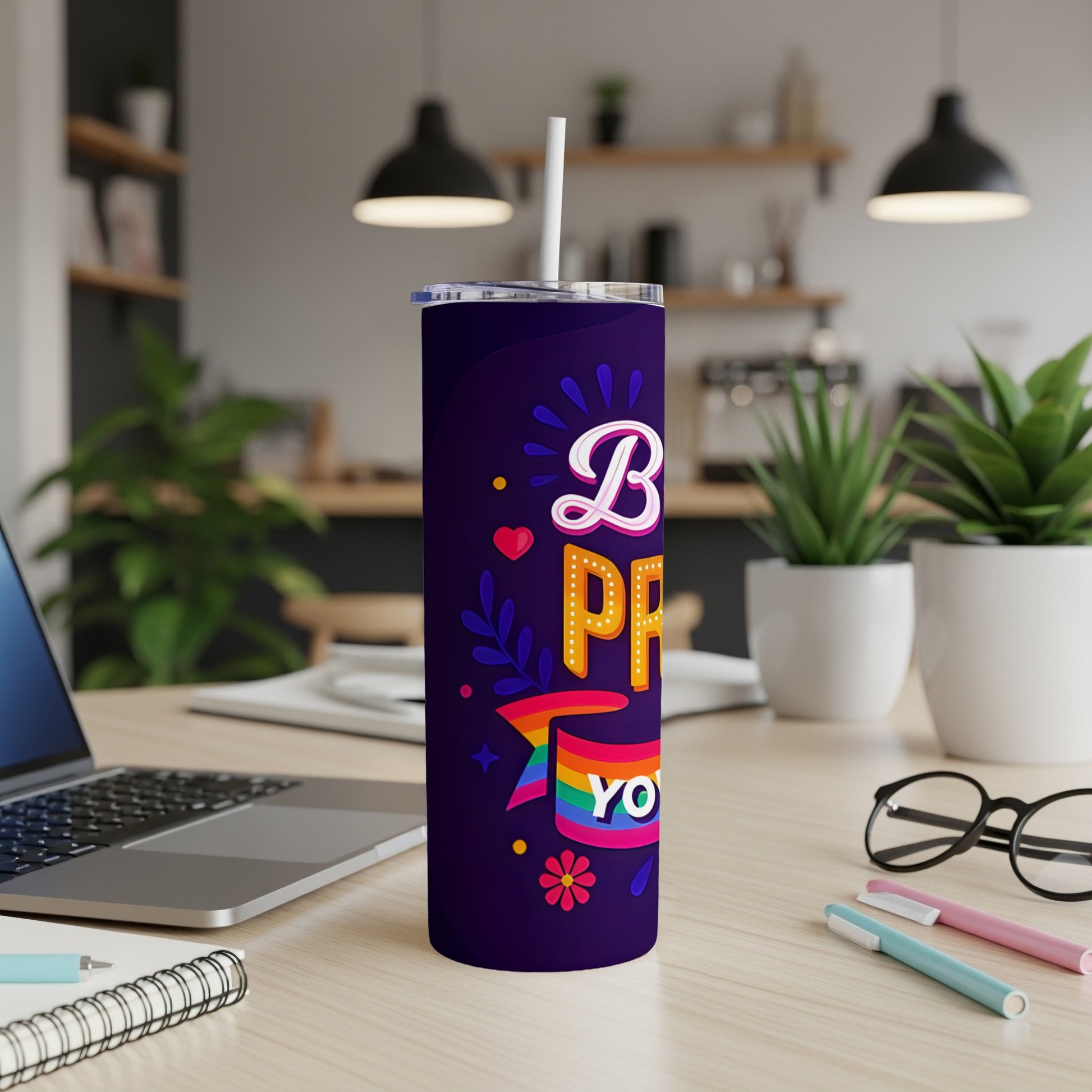 Purple tumbler with pride flag rainbow and "Be You" text.