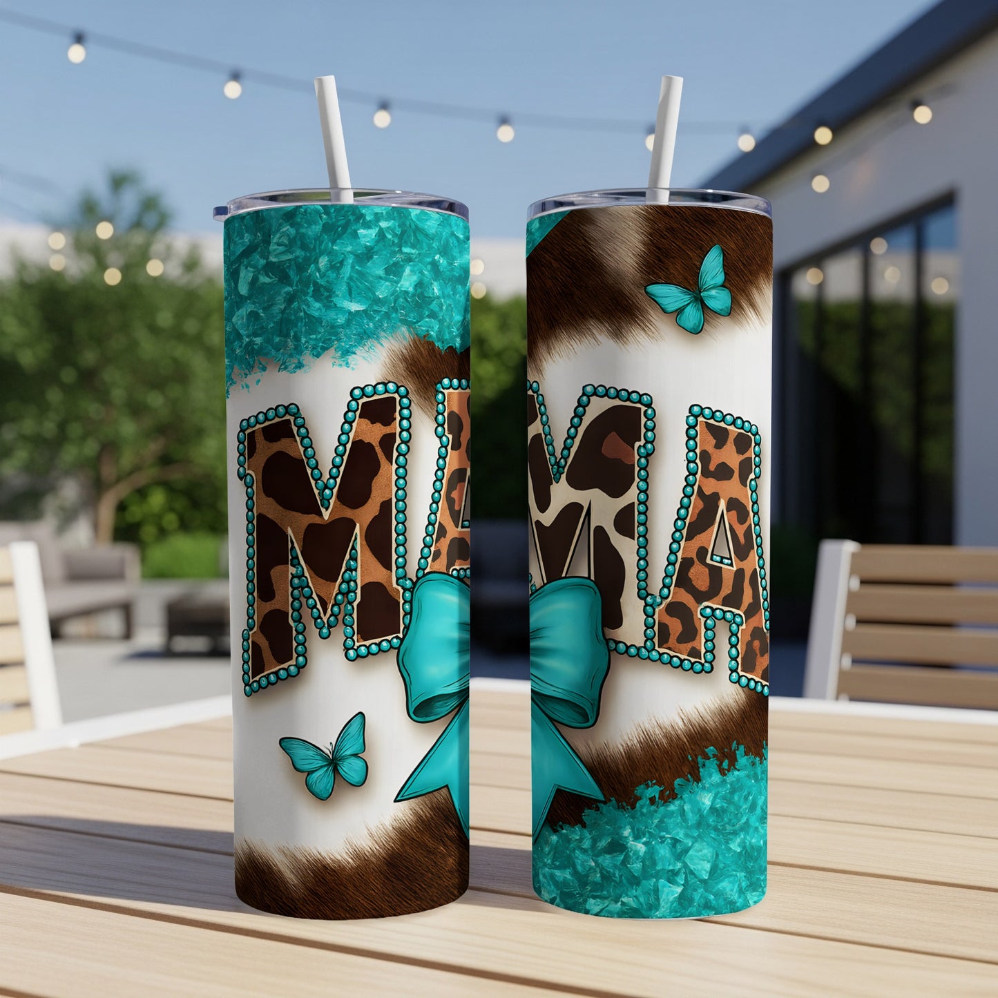 Mama tumbler with leopard print, turquoise accents, and blue bows.