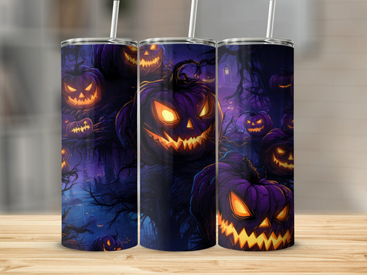 Three tumblers with a spooky Halloween design featuring grinning purple pumpkins in a dark forest.