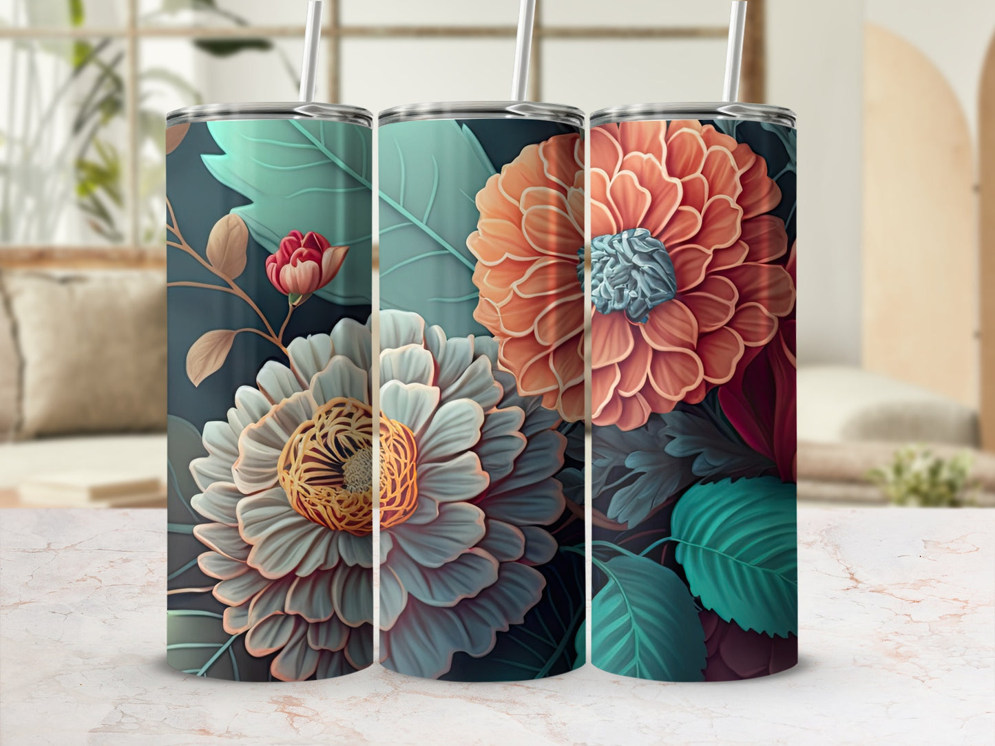 Elegant Floral Design Stainless Steel Tumbler Cups