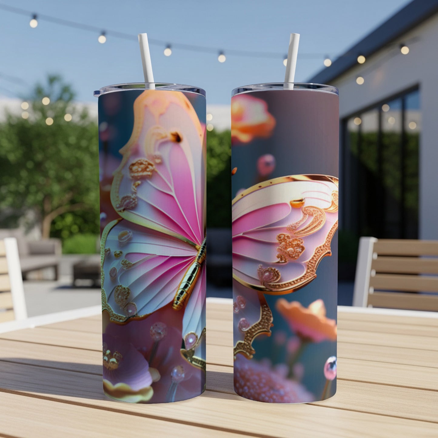 Two tumblers with pink and gold butterfly designs on a wooden table.
