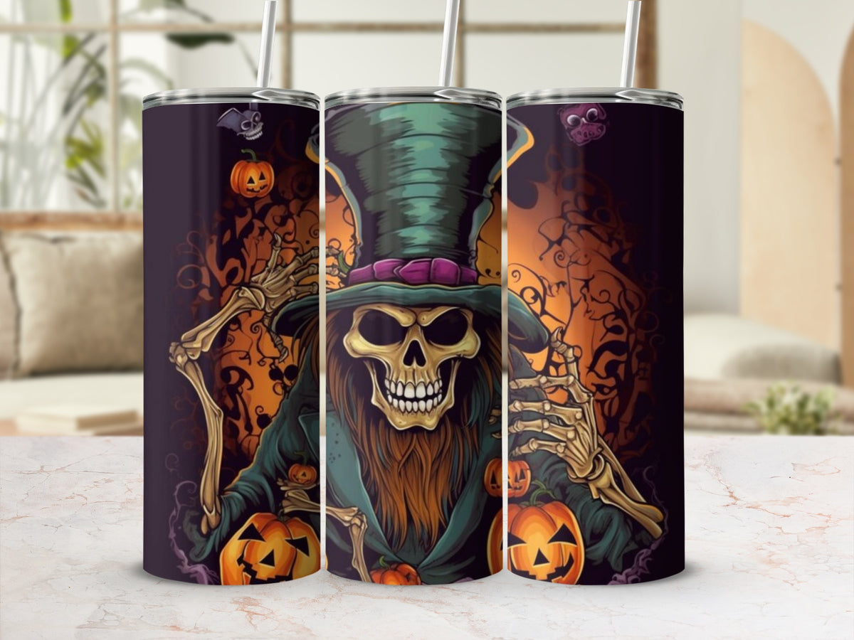 Halloween themed tumblers featuring a skeleton in a top hat surrounded by pumpkins.