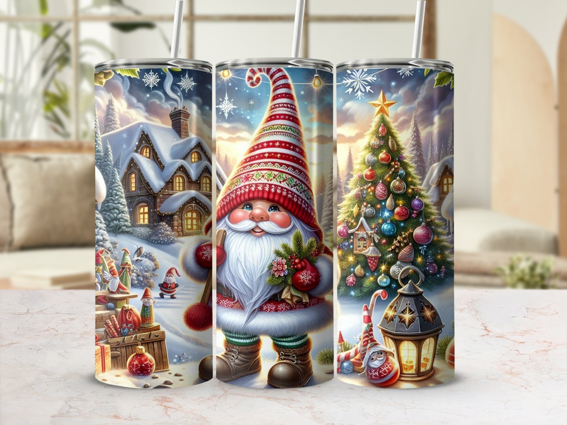 Christmas gnome with hat, gifts, and decorated tree on tumbler.