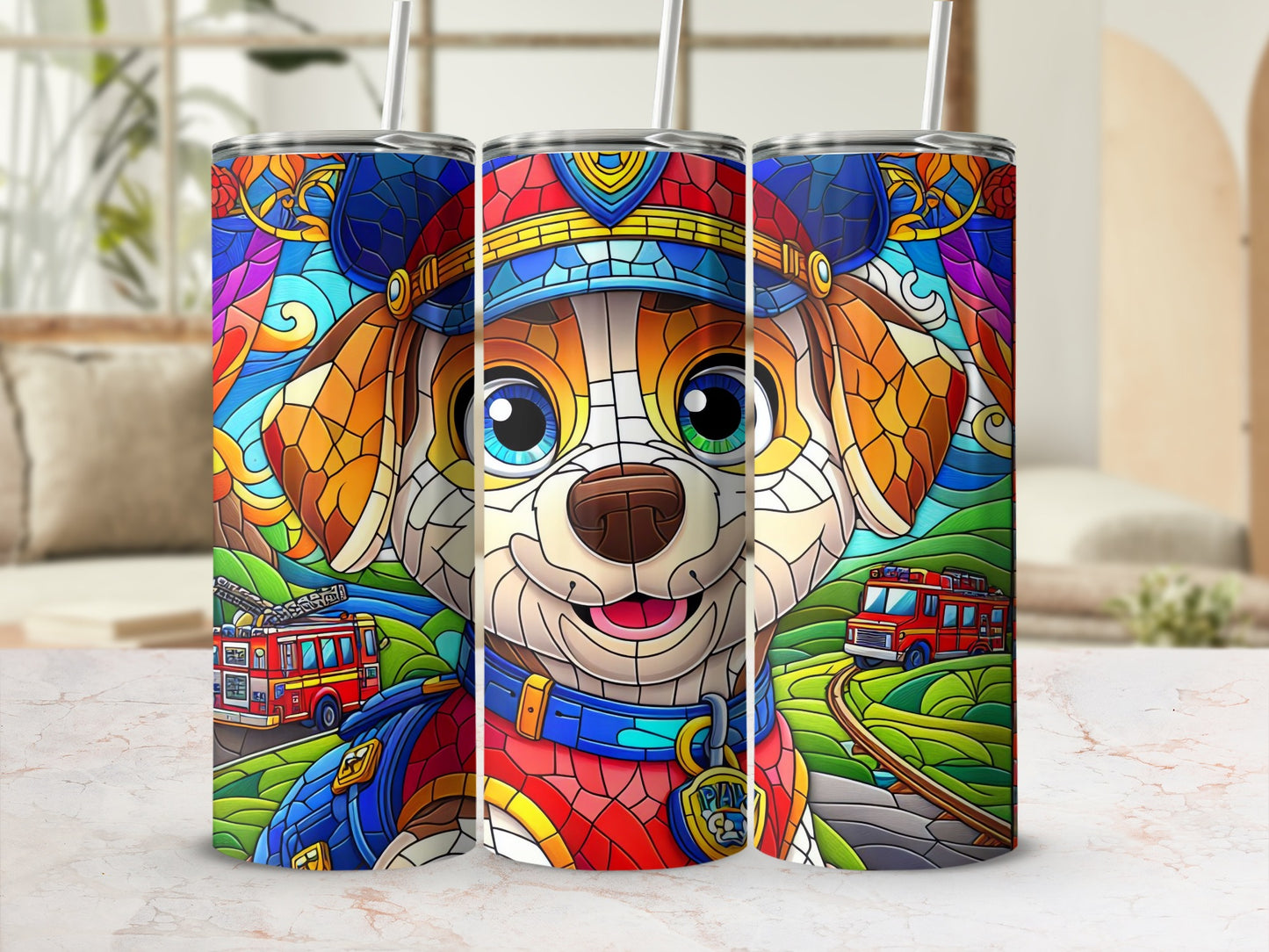 Colorful Cartoon Dog and Fire Truck Tumbler Cup