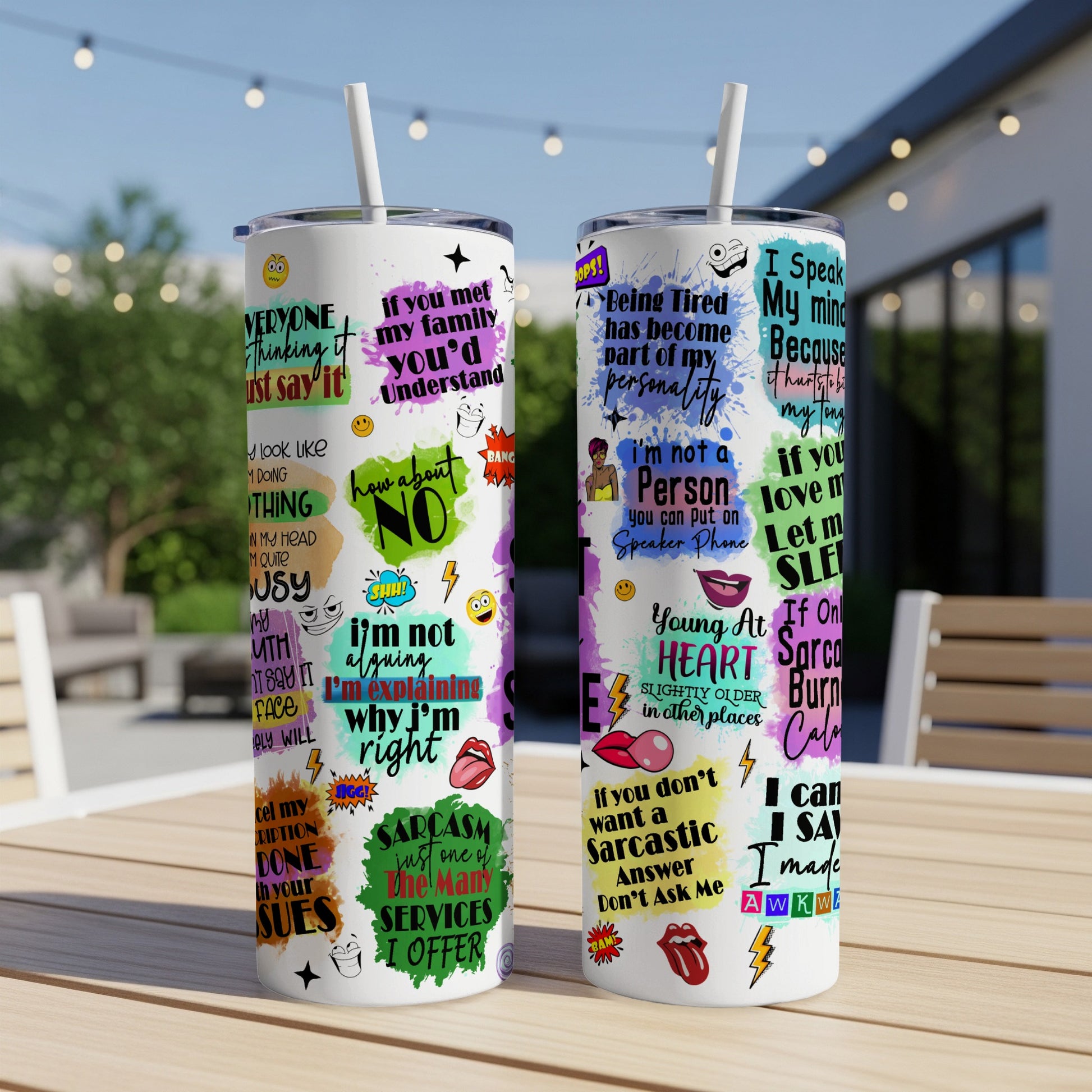 Two tumblers with colorful graphics and text about personality and sarcasm.
