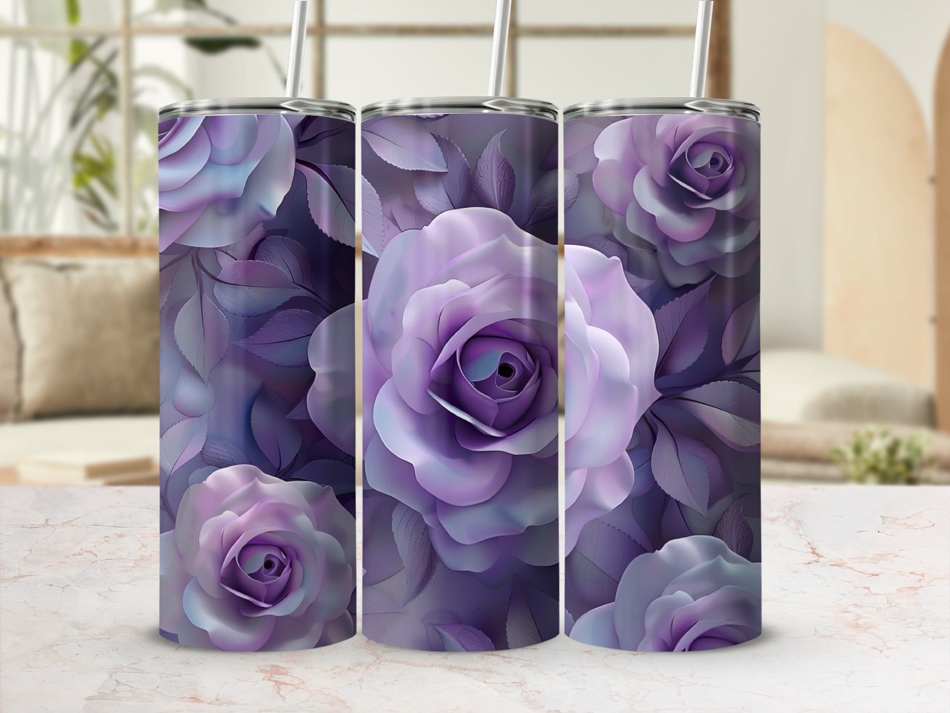 Three tumblers adorned with purple rose floral patterns on a marble surface.