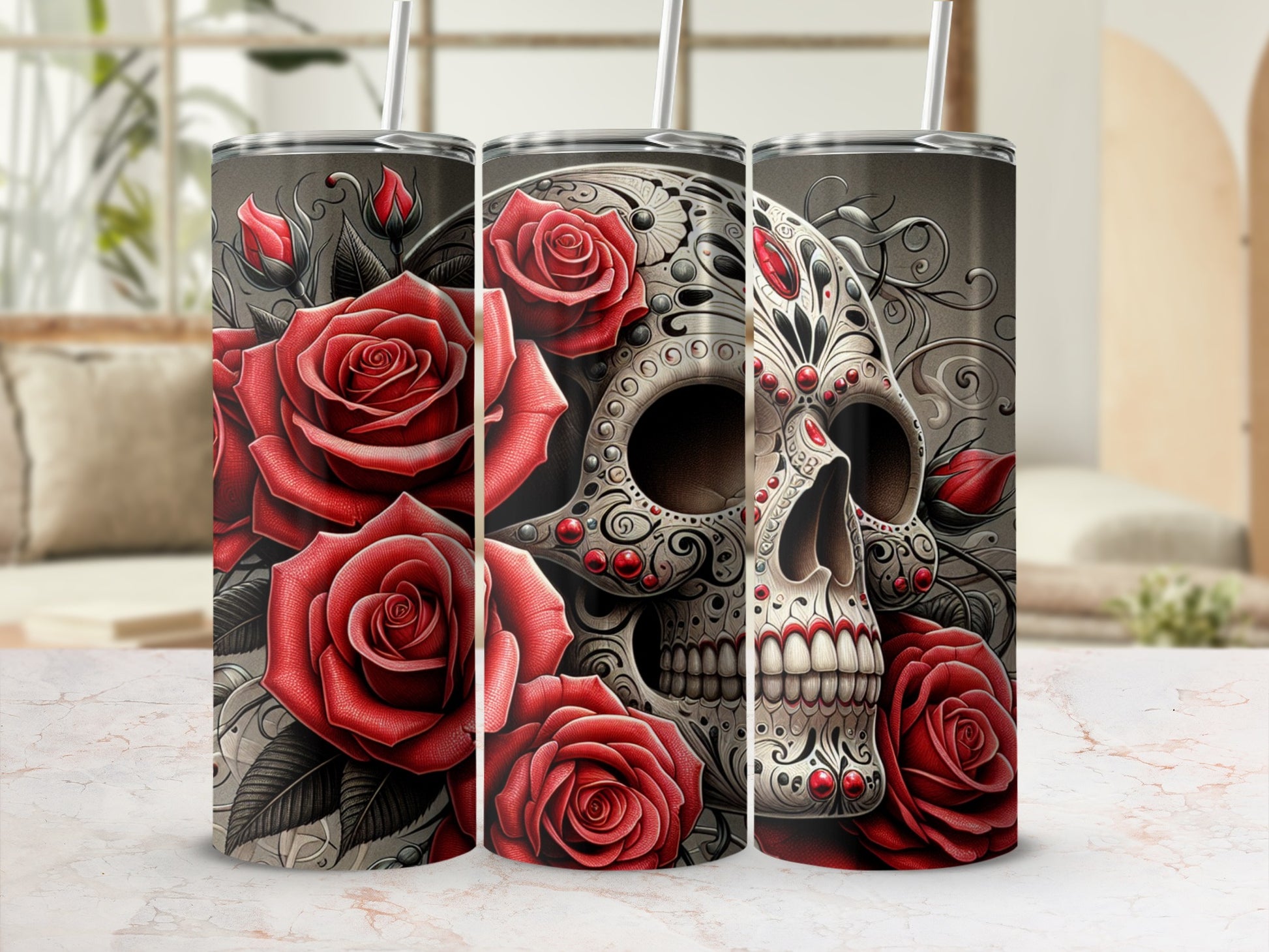 Gothic skull with red roses and ornate details, on a dark background.
