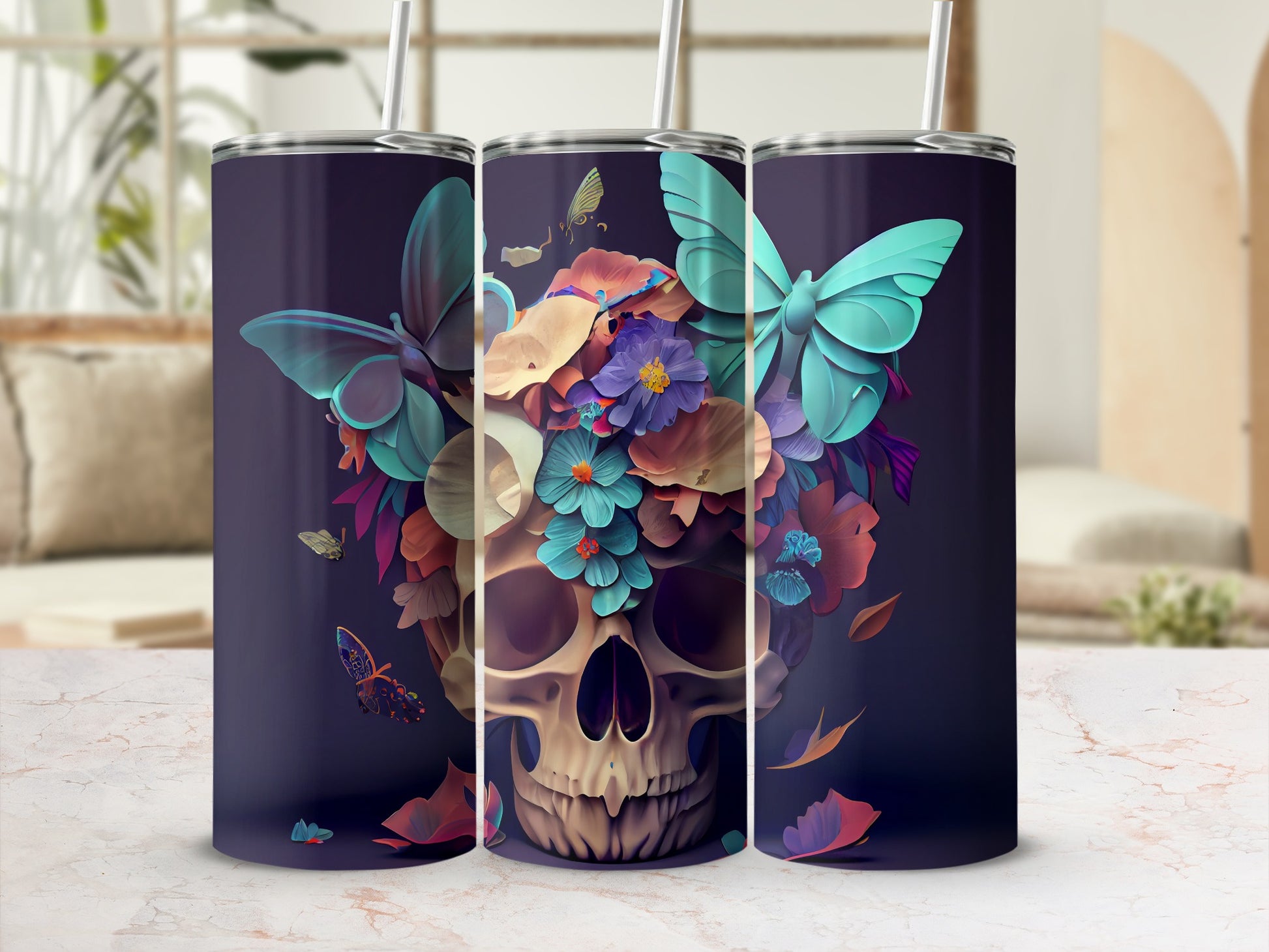 Colorful Skull with Butterflies and Flowers Tumbler