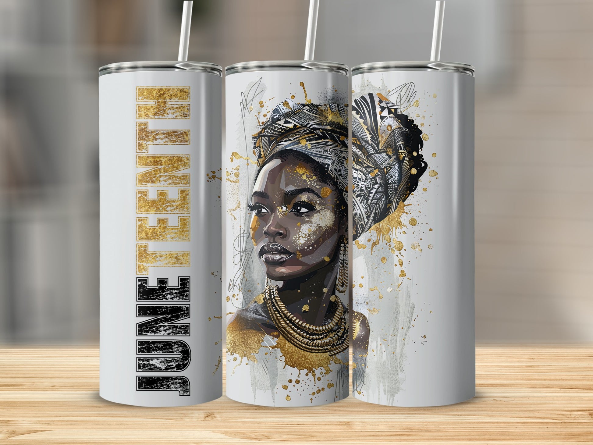 Triptych of tumblers featuring a woman with a headwrap and gold accents.