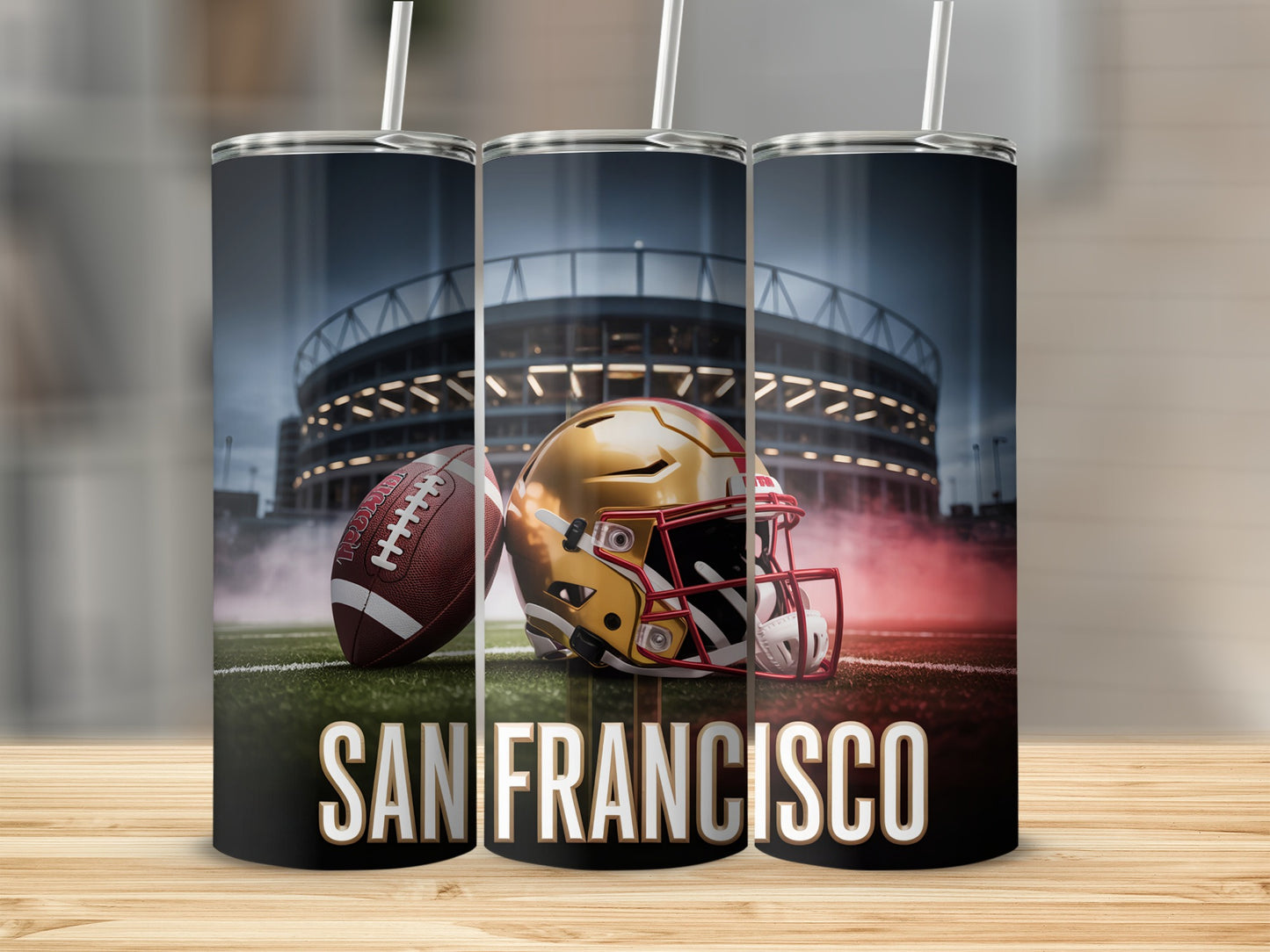 San Francisco 49ers football helmet and football on field in stadium.