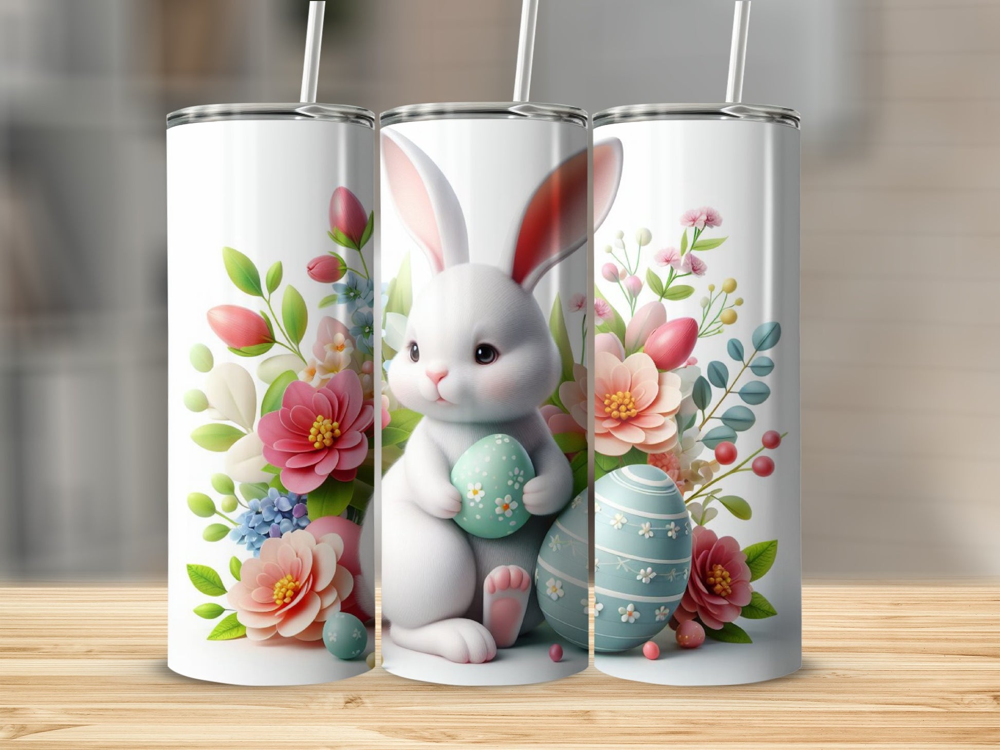 Easter bunny holding an egg surrounded by flowers and decorative eggs.