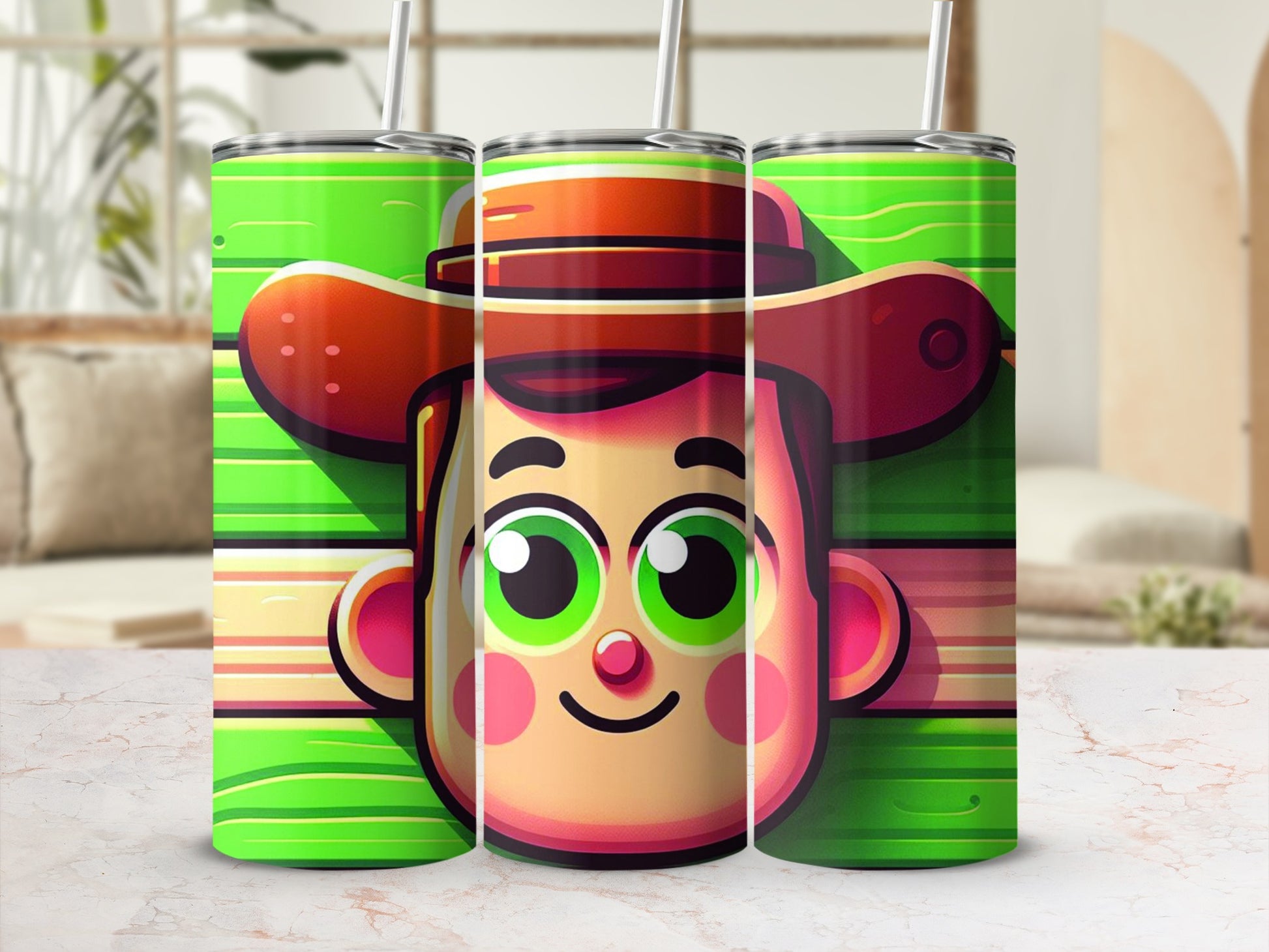 Cartoon cowboy character face with green, yellow, and pink stripes.
