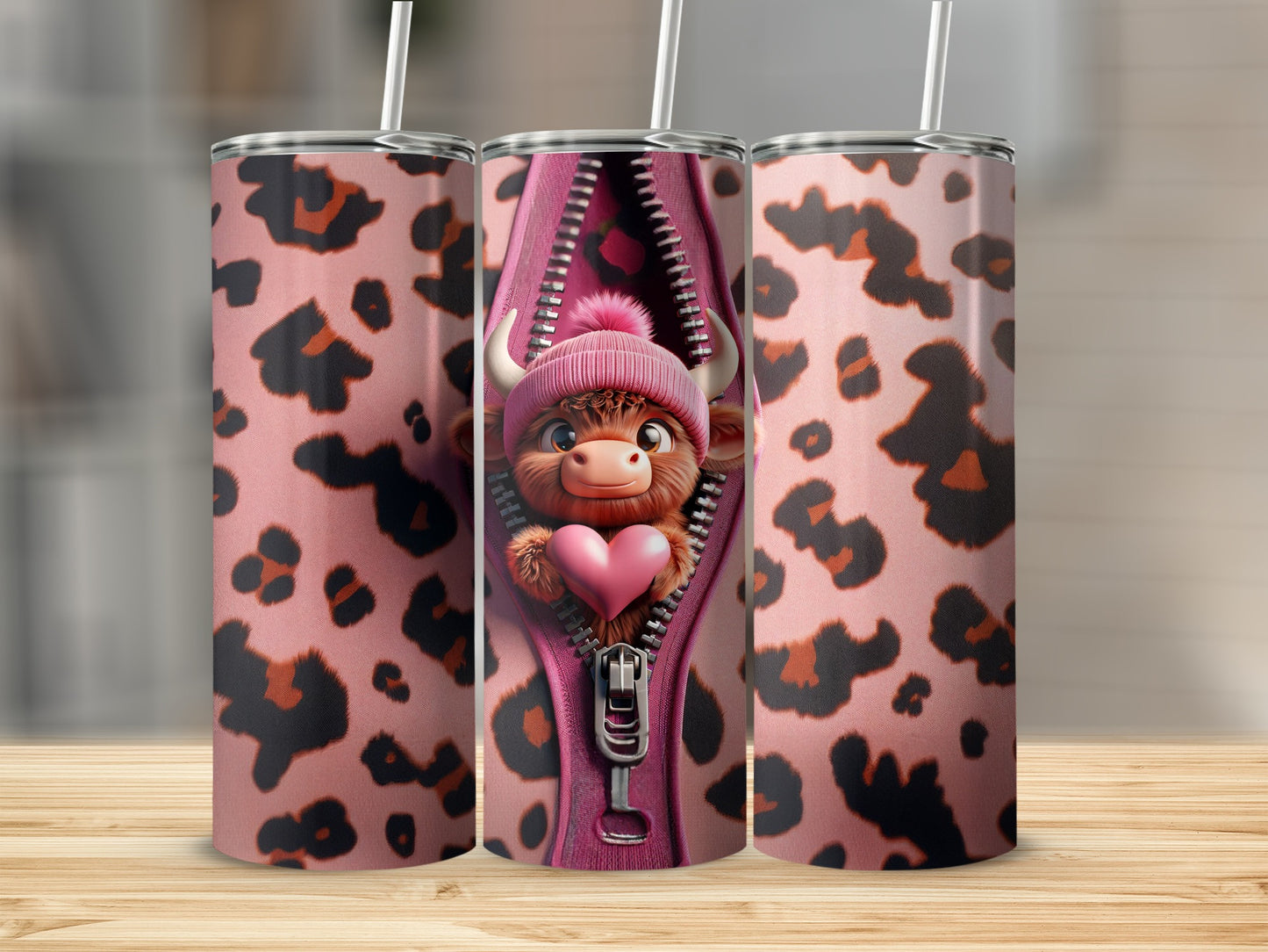 Pink leopard print tumbler with zipped opening revealing a cute cartoon bull.