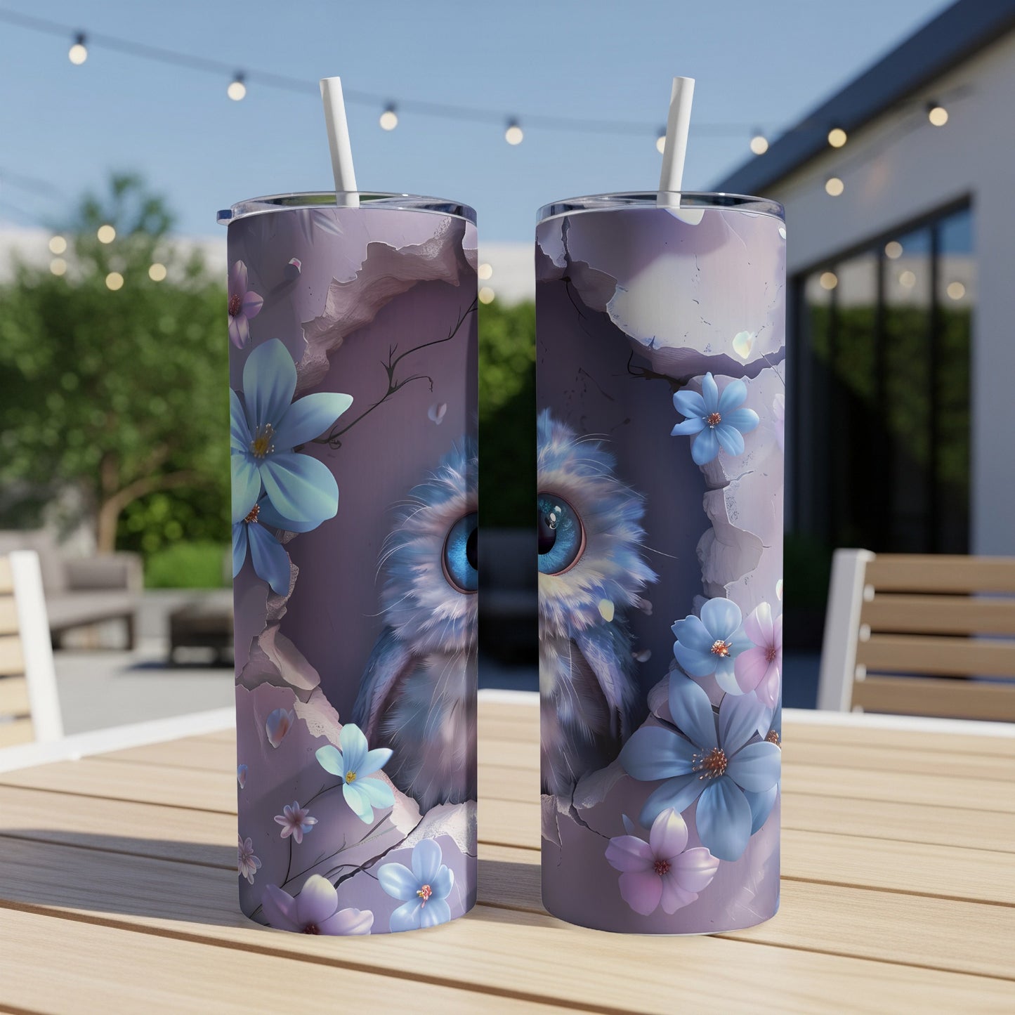 Two tumblers with owl and floral design on a table.