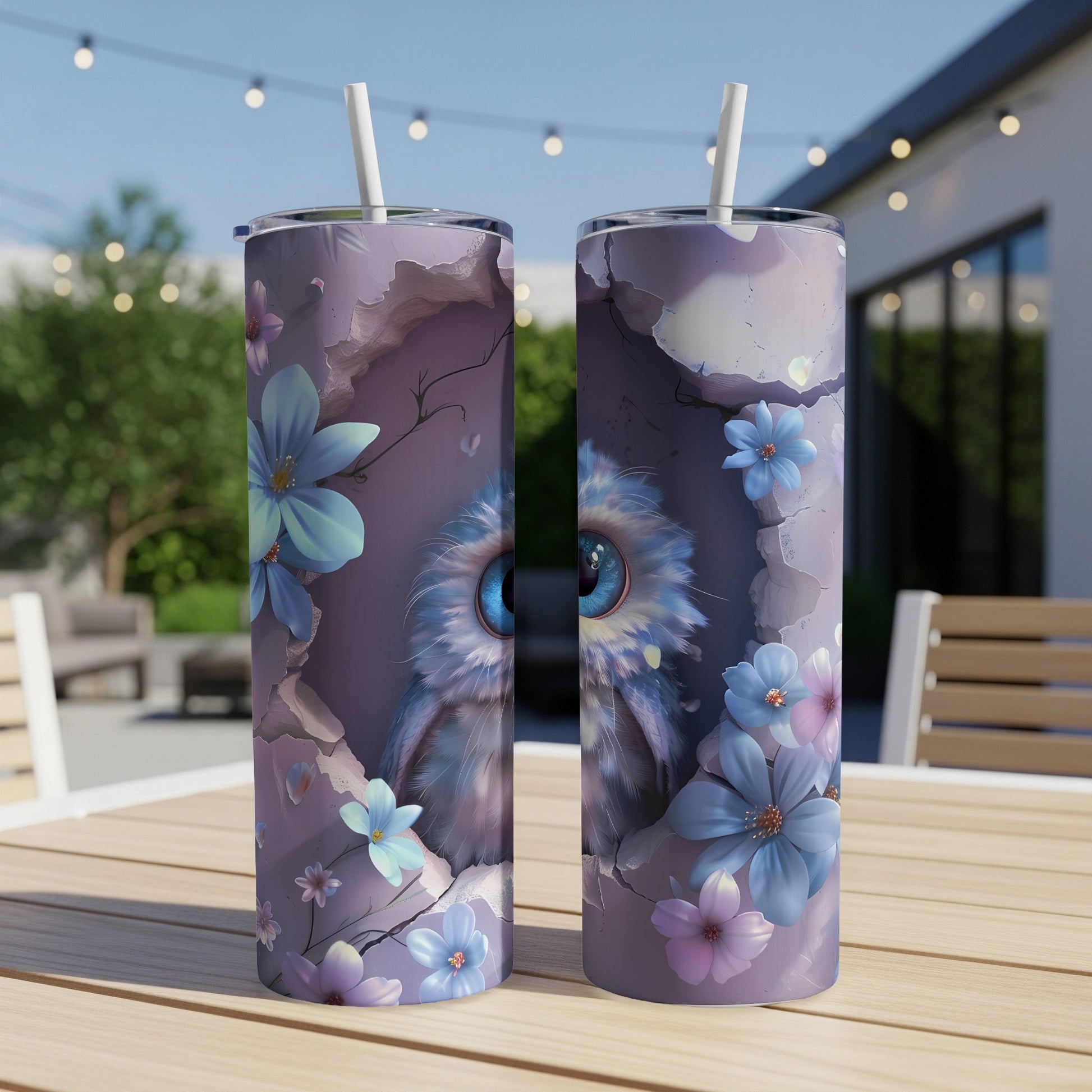 Two tumblers with owl and floral design on a table.