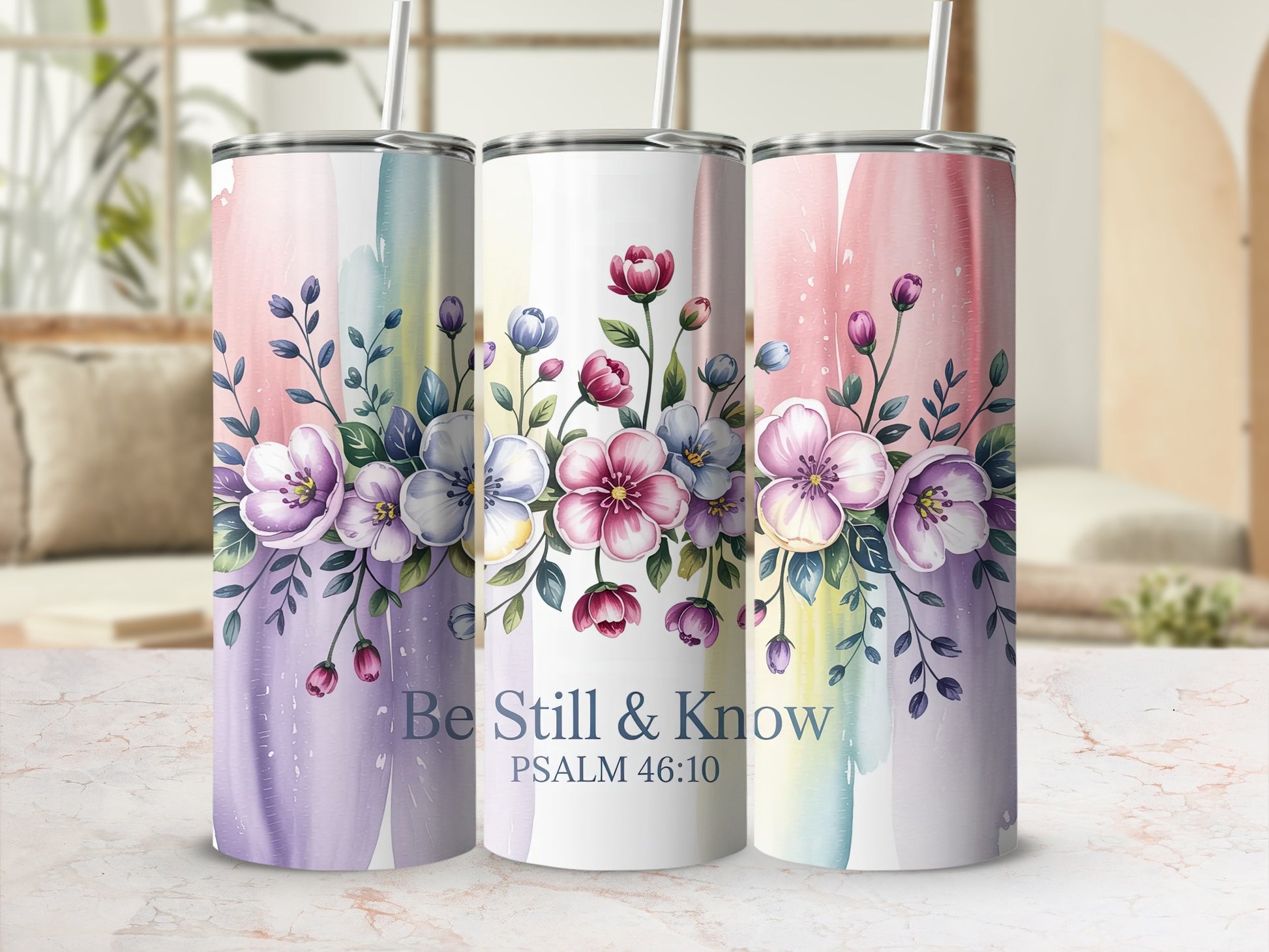 Three floral tumblers with "Be Still & Know PSALM 46:10" text.