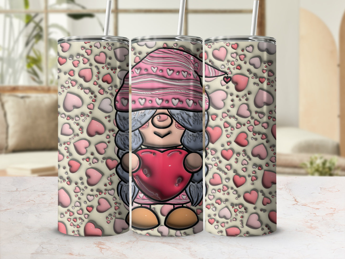 Adorable Gnome with Hearts Design Skinny Tumbler