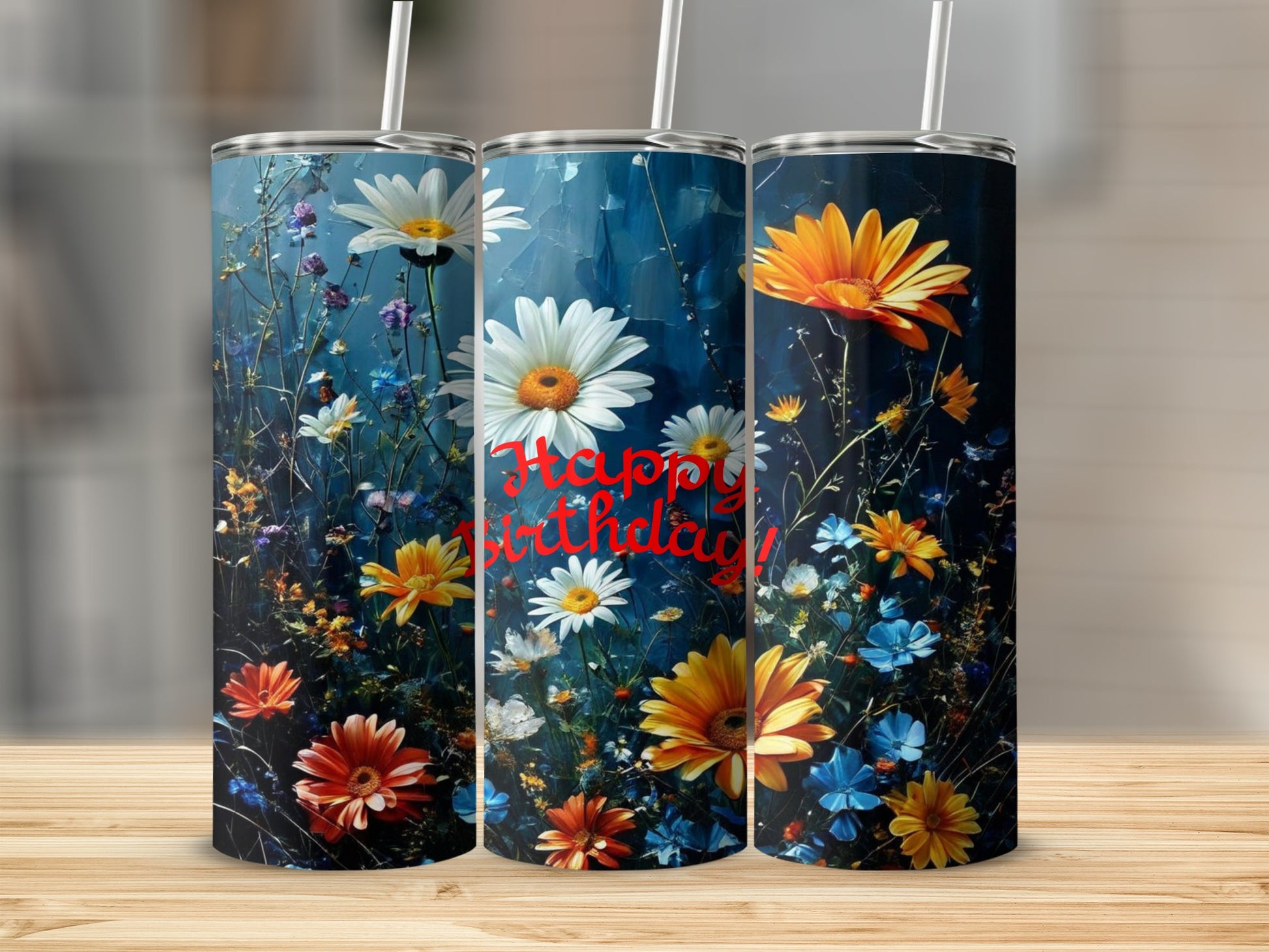 Three tumblers with a floral design and red "Happy Birthday" text.